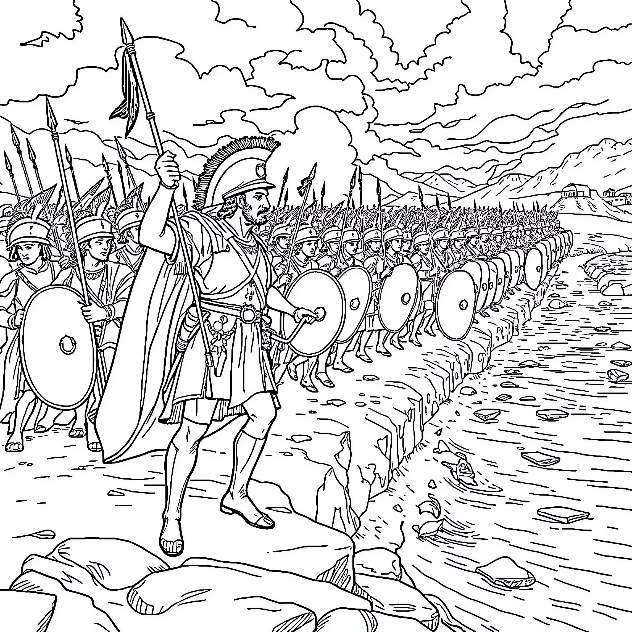Napoleon Leading His Army in an Epic Battle Coloring Page (free black-and-white line drawing printable PDF for all, from beginners to advanced learners, including children, teens, adults, and seniors)