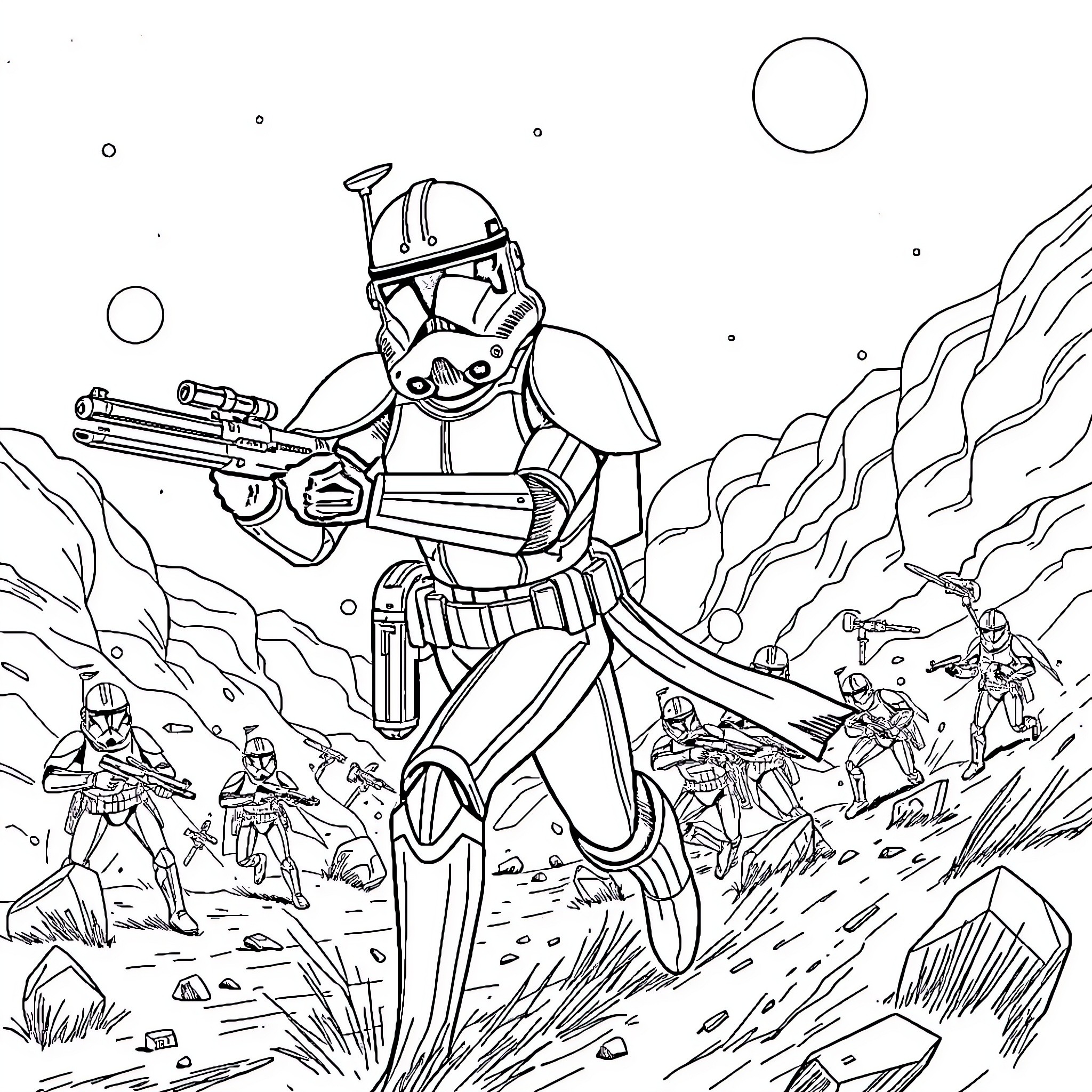 Clone Trooper leading a charge on the battlefield Coloring Page (free black-and-white line drawing printable PDF for all, from beginners to advanced learners, including children, teens, adults, and seniors)