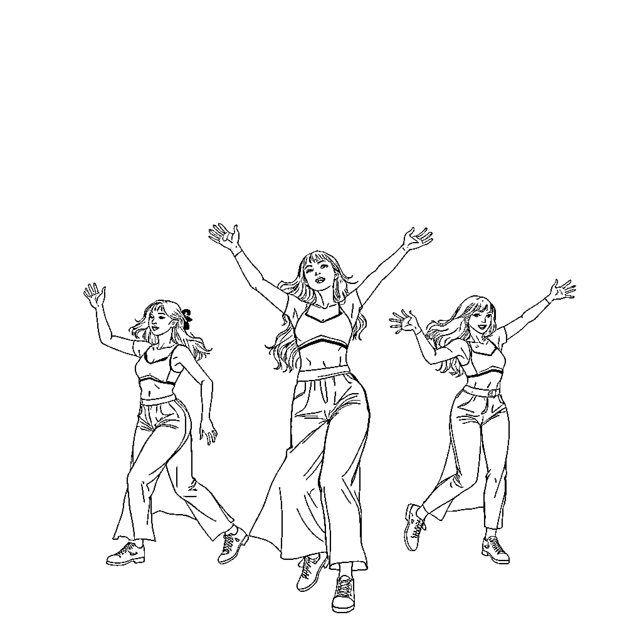 K Pop Performers Energetically Dancing on Stage Coloring Page (free black-and-white line drawing printable PDF for all, from beginners to advanced learners, including children, teens, adults, and seniors)