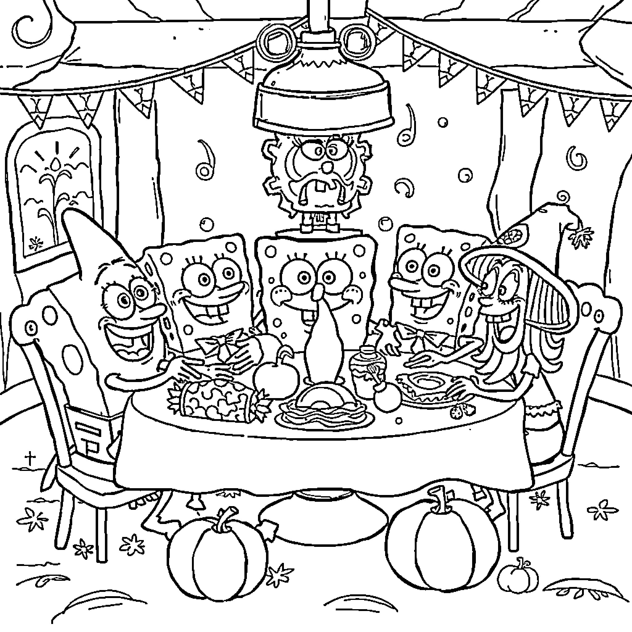 Sponge Bob and Friends Celebrate a Festive Occasion Coloring Page (free black-and-white line drawing printable PDF for all, from beginners to advanced learners, including children, teens, adults, and seniors)