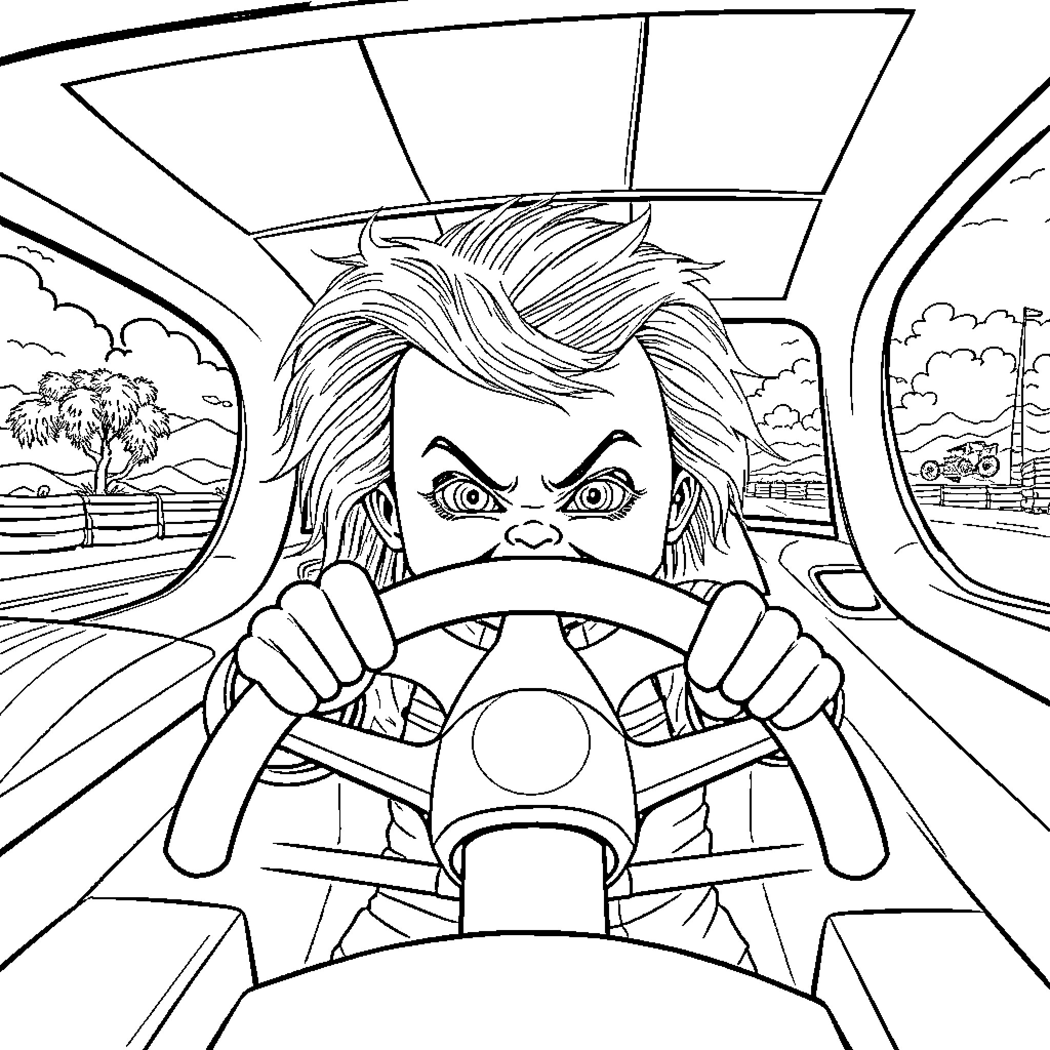 Chucky driving menacingly on the road Coloring Page (free black-and-white line drawing printable PDF for all, from beginners to advanced learners, including children, teens, adults, and seniors)