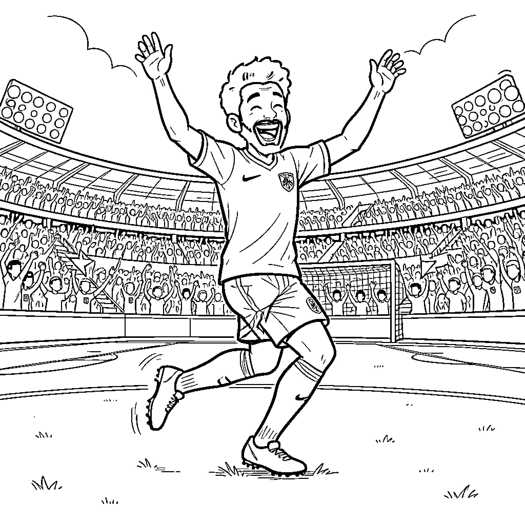 Hakimi celebrating a goal in a crowded stadium Coloring Page (free black-and-white line drawing printable PDF for all, from beginners to advanced learners, including children, teens, adults, and seniors)