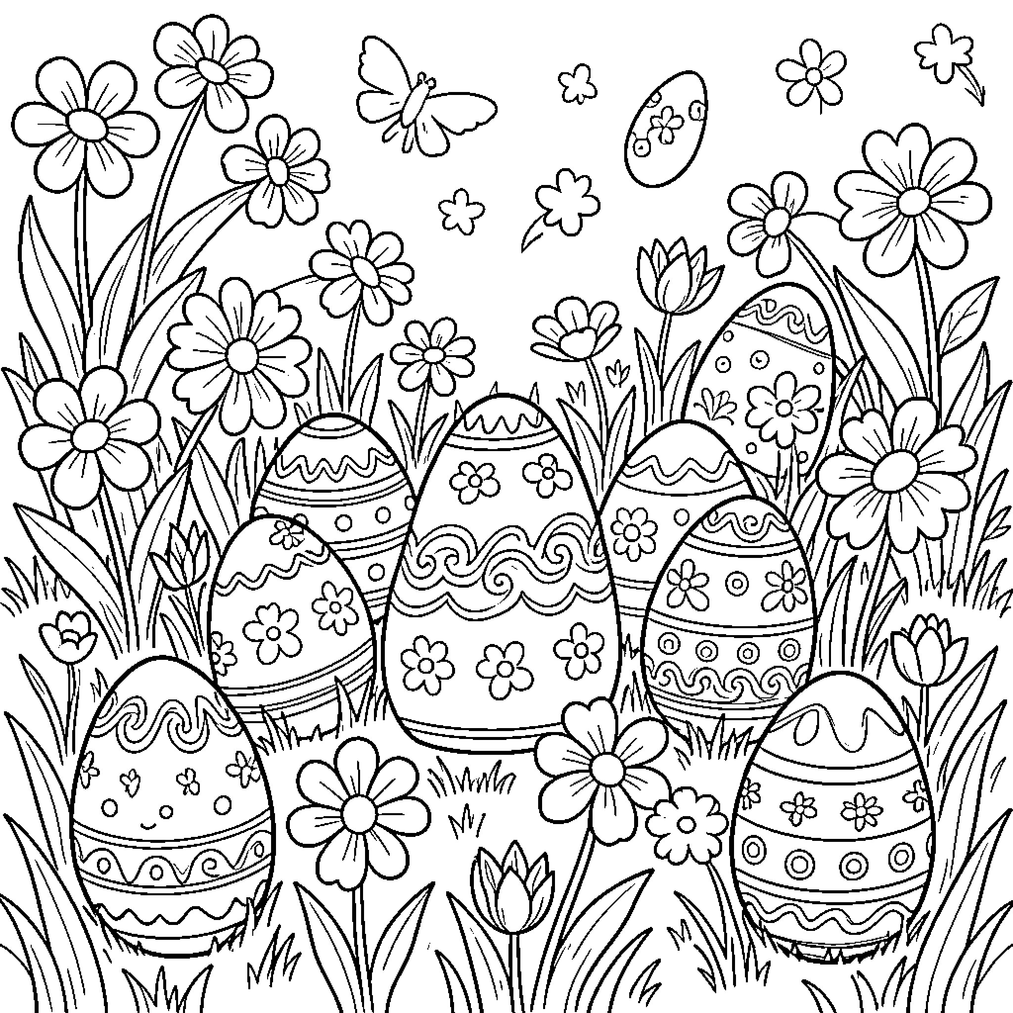 Easter scene with decorated eggs and blooming flowers Coloring Page (free black-and-white line drawing printable PDF for all, from beginners to advanced learners, including children, teens, adults, and seniors)