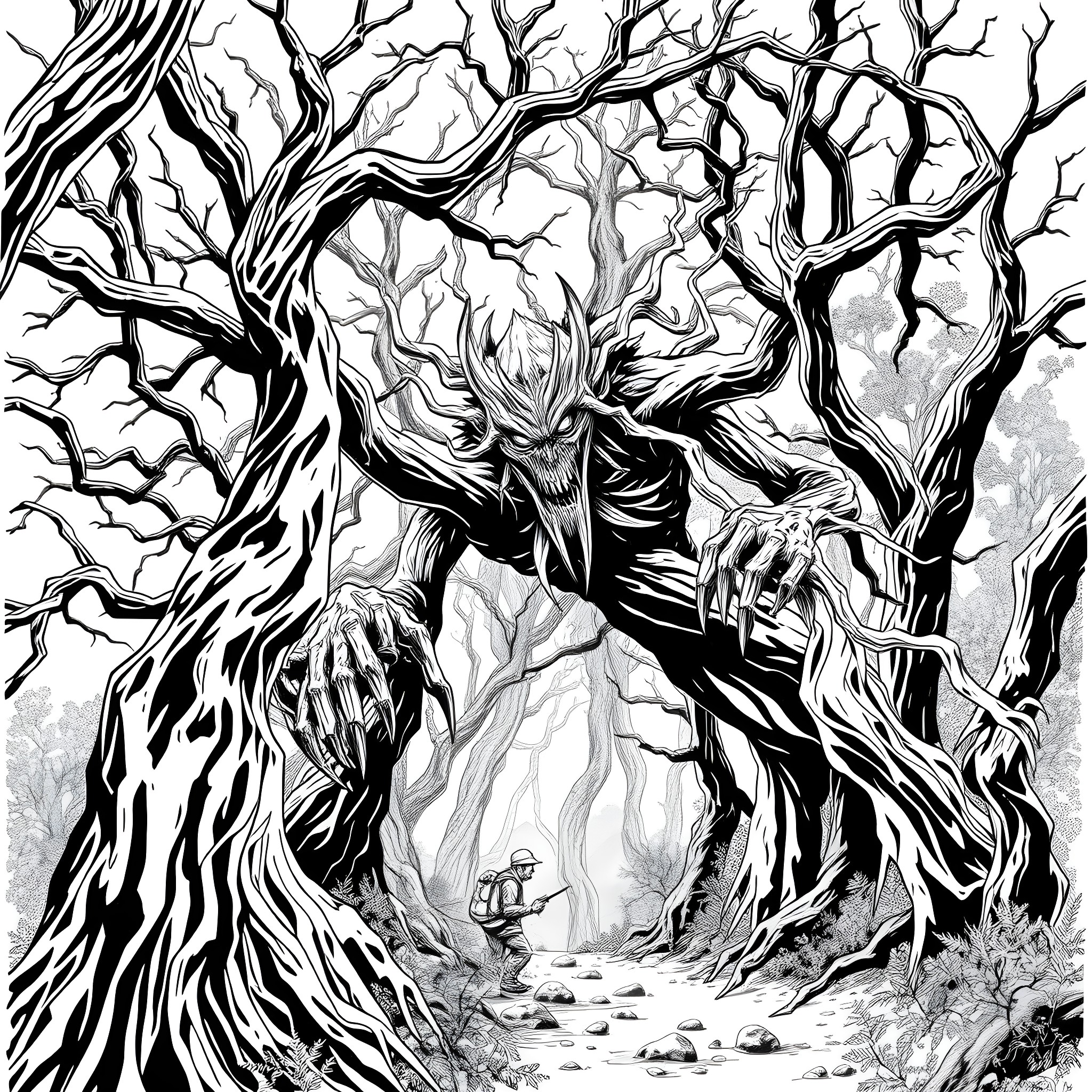 Wendigo emerging from twisted, gnarled forest Coloring Page (free black-and-white line drawing printable PDF for all, from beginners to advanced learners, including children, teens, adults, and seniors)