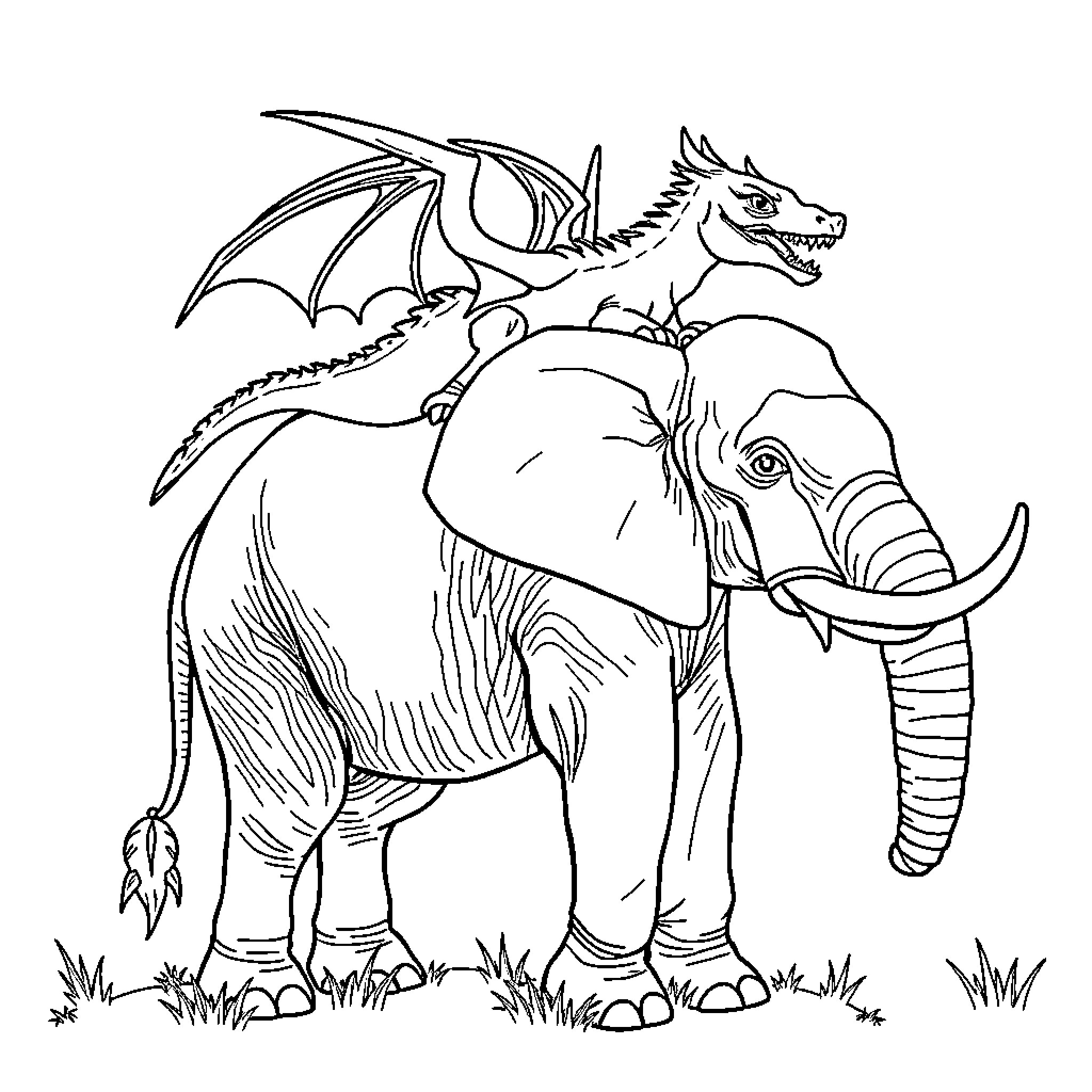 Dragon riding a fantastical elephant in nature Coloring Page (free black-and-white line drawing printable PDF for all, from beginners to advanced learners, including children, teens, adults, and seniors)