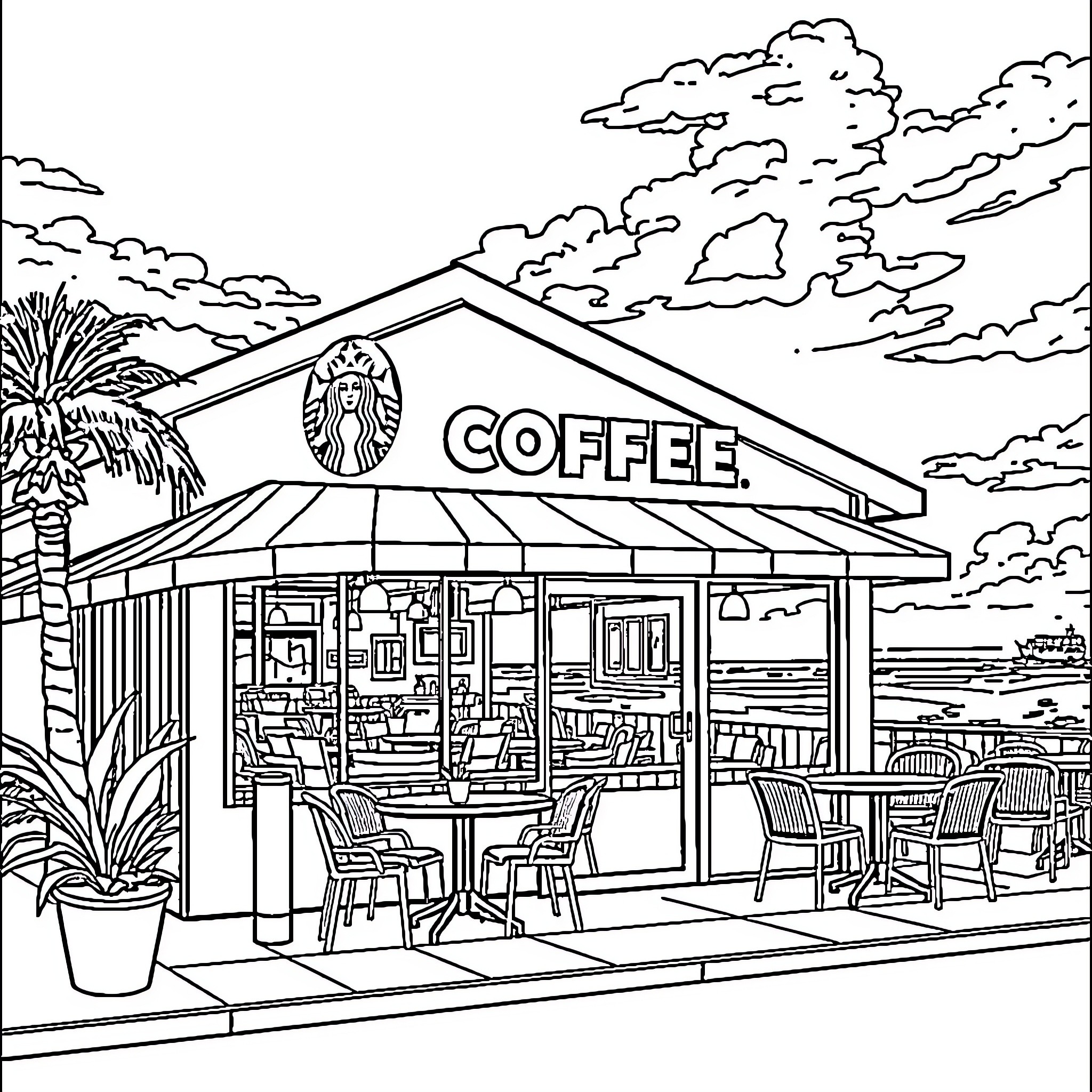 Starbucks coffee shop exterior with outdoor seating Coloring Page (free black-and-white line drawing printable PDF for all, from beginners to advanced learners, including children, teens, adults, and seniors)