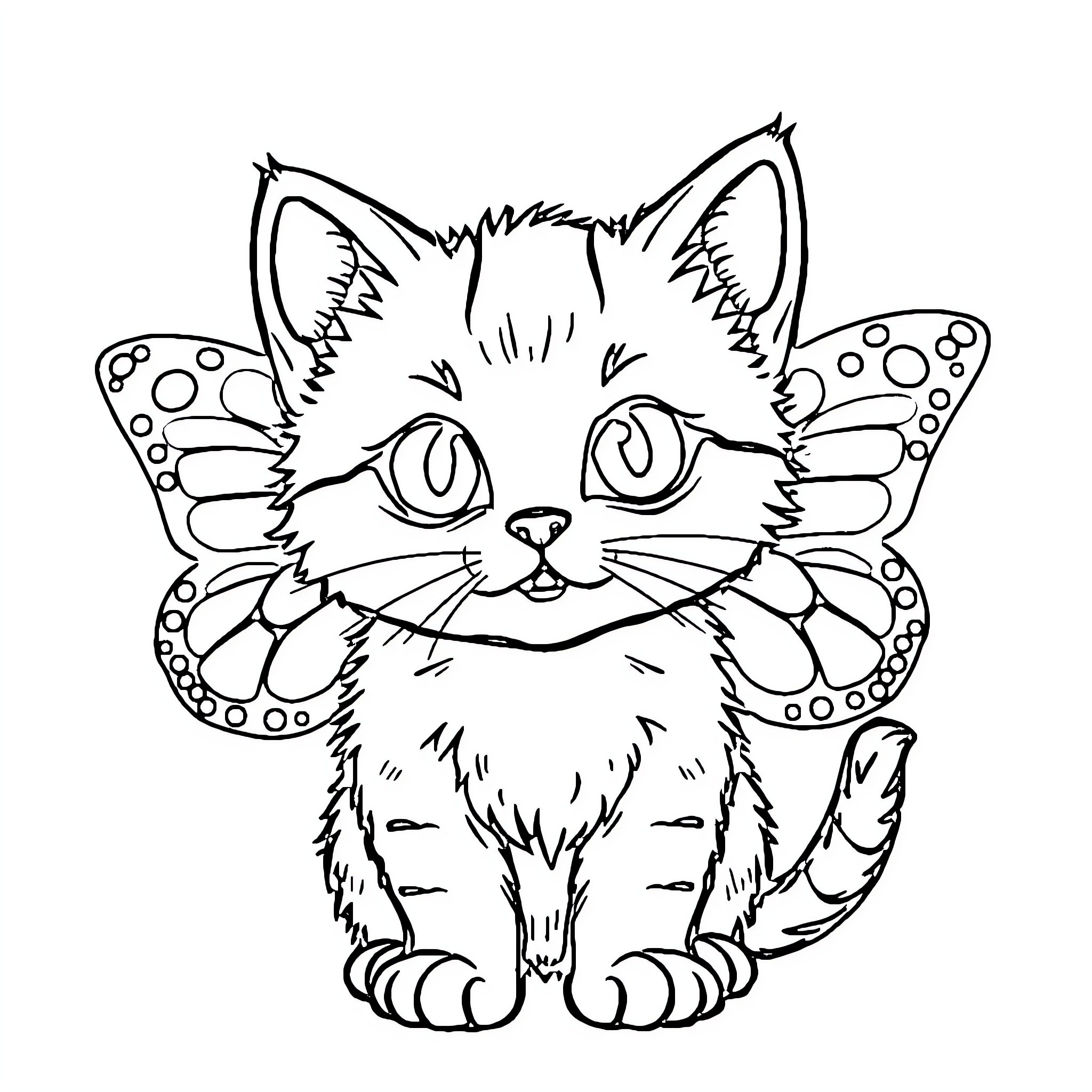 Butterfly-winged kitten with cute expression Coloring Page (free black-and-white line drawing printable PDF for all, from beginners to advanced learners, including children, teens, adults, and seniors)