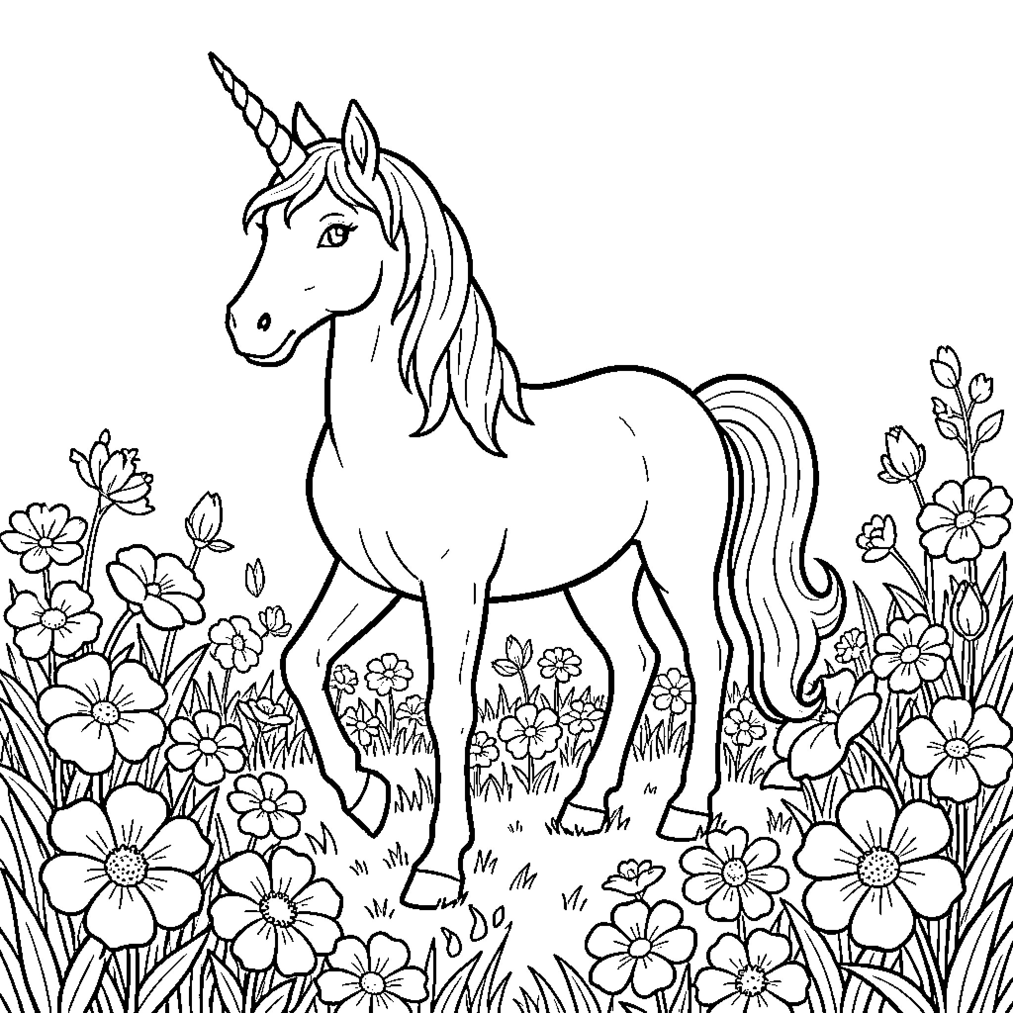 Unicorn standing peacefully amidst a field of flowers Coloring Page (free black-and-white line drawing printable PDF for all, from beginners to advanced learners, including children, teens, adults, and seniors)