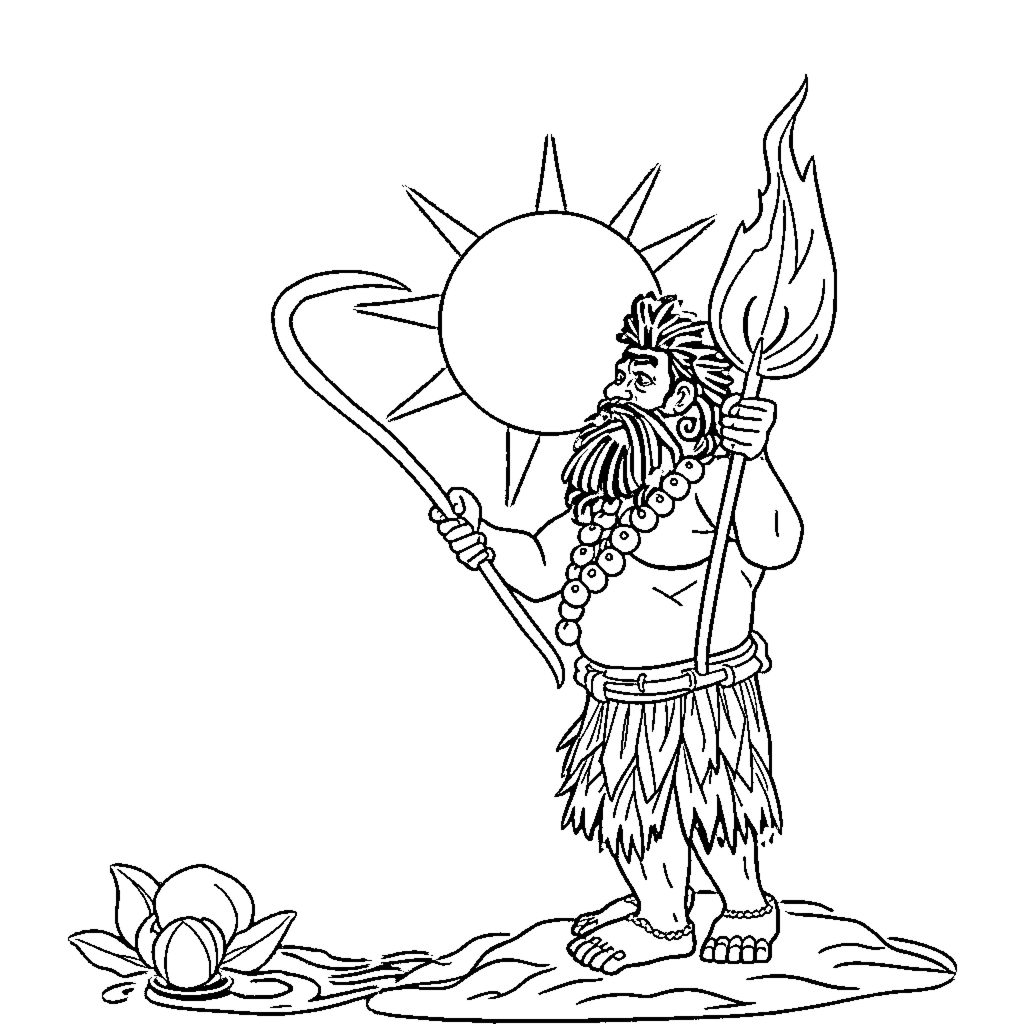 Maui holding a spear in a natural setting Coloring Page (free black-and-white line drawing printable PDF for all, from beginners to advanced learners, including children, teens, adults, and seniors)