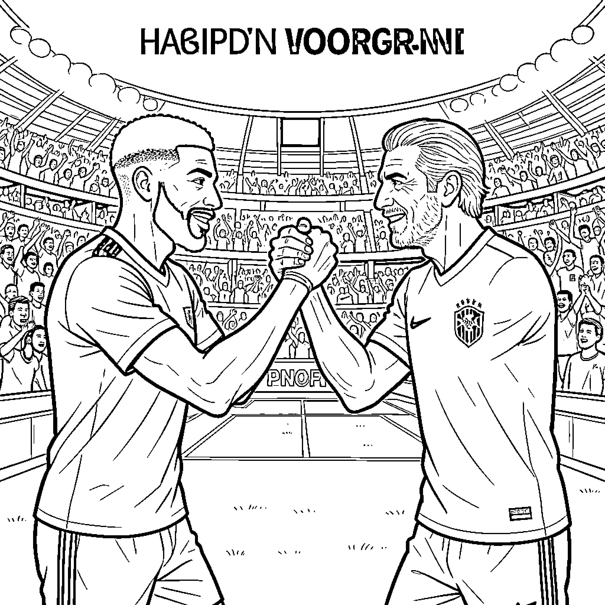 Mbappe shaking hands with another soccer player in a stadium Coloring Page (free black-and-white line drawing printable PDF for all, from beginners to advanced learners, including children, teens, adults, and seniors)