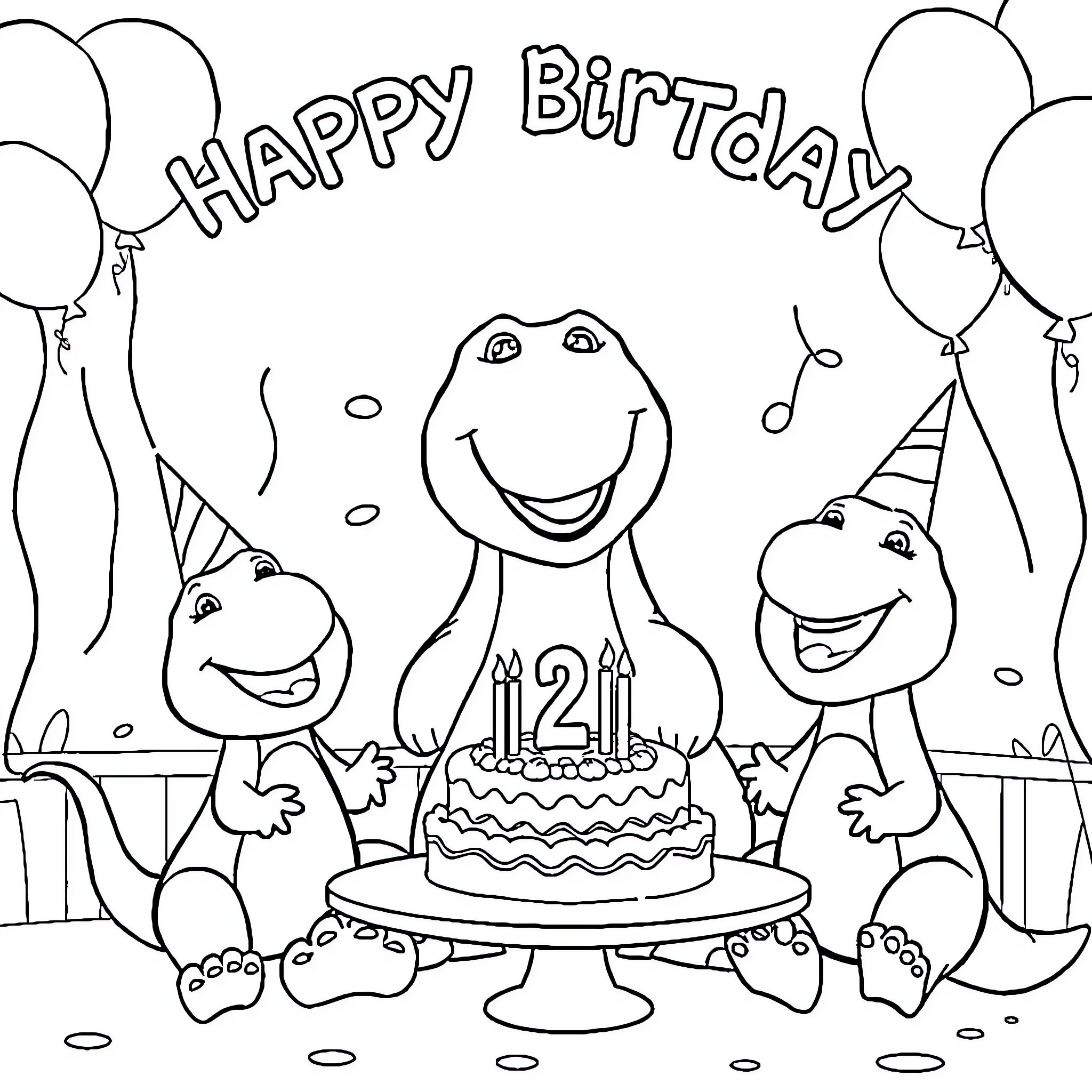 Barney's Happy Birthday Party Coloring Page (free black-and-white line drawing printable PDF for all, from beginners to advanced learners, including children, teens, adults, and seniors)