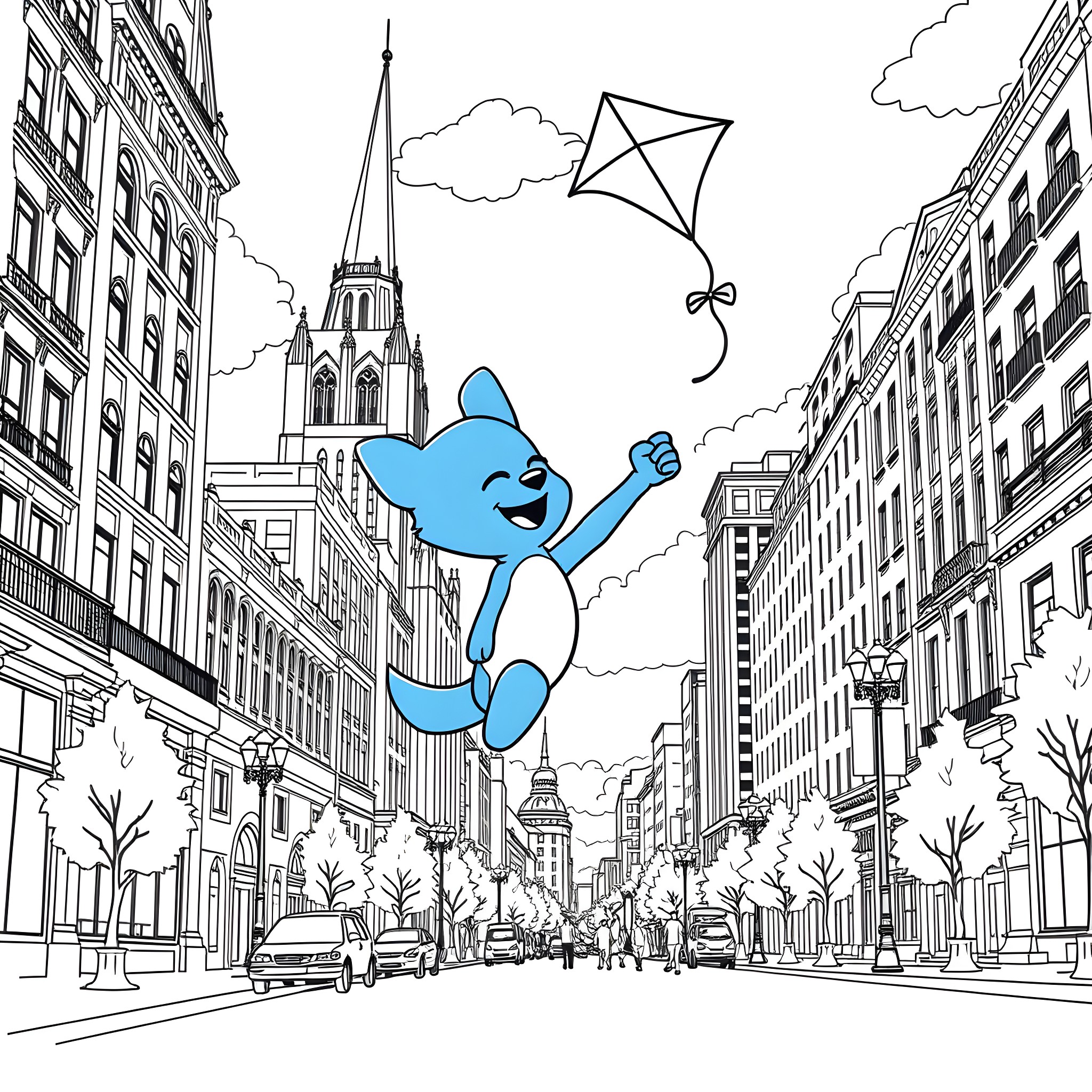 Bluey flying a kite through the city Coloring Page (free black-and-white line drawing printable PDF for all, from beginners to advanced learners, including children, teens, adults, and seniors)