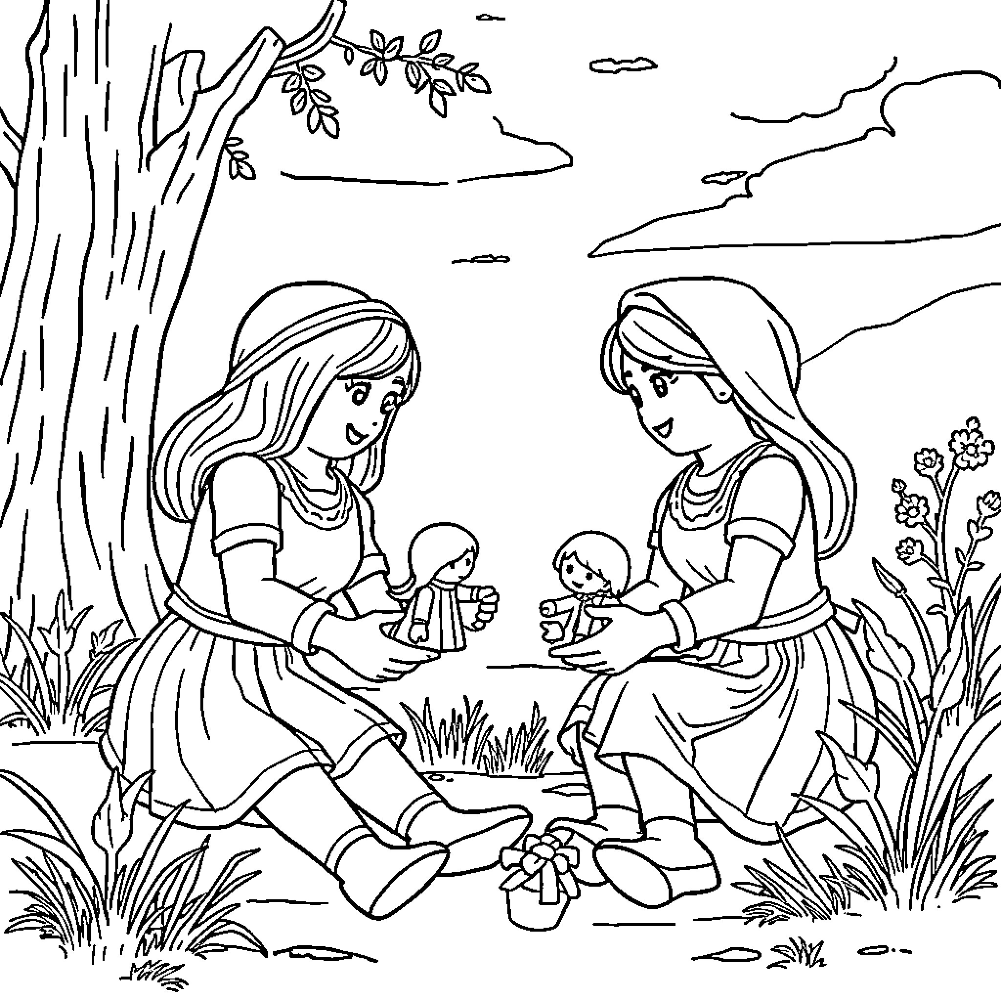 Sisters playing in the meadow Coloring Page (free black-and-white line drawing printable PDF for all, from beginners to advanced learners, including children, teens, adults, and seniors)