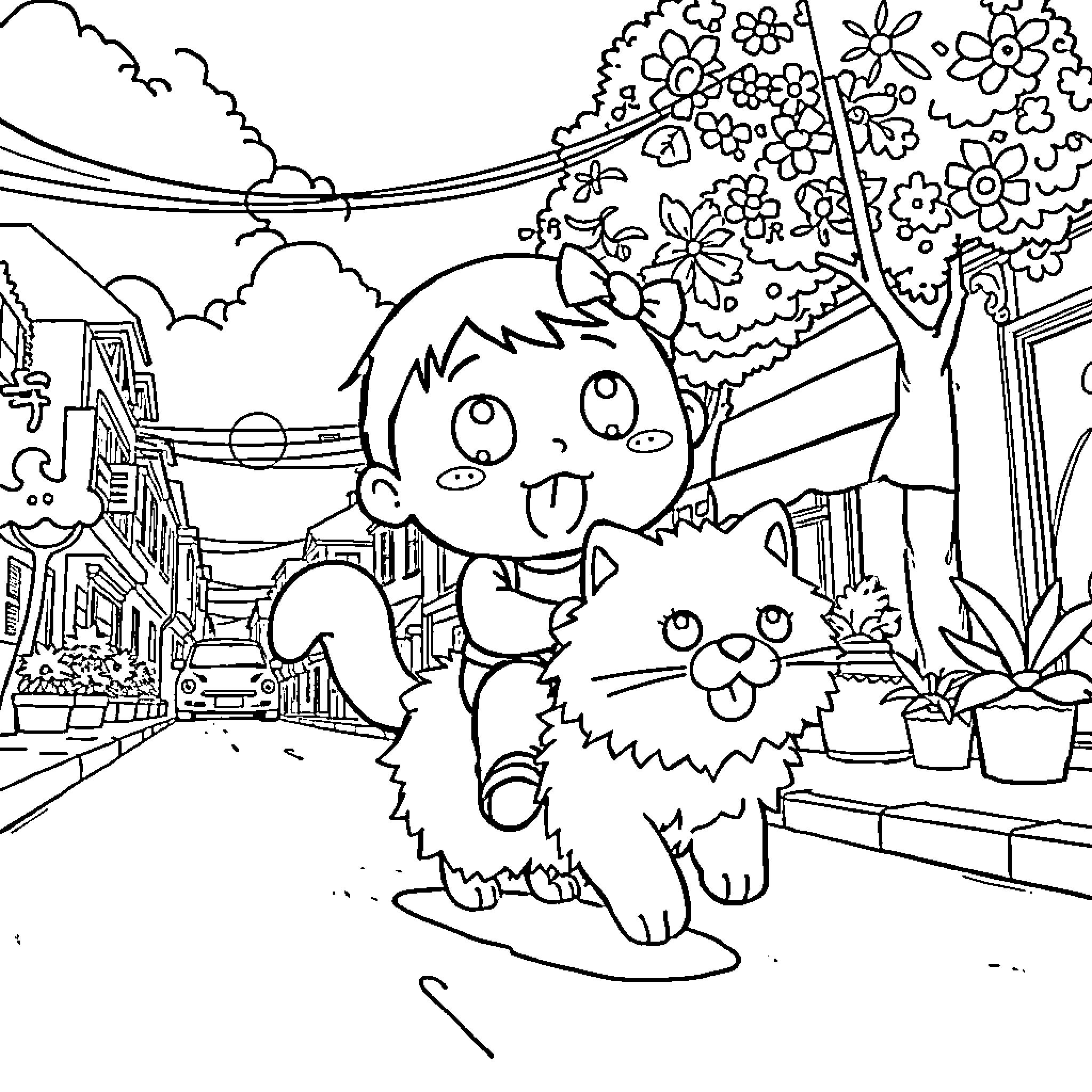 Shinchan's Playful Adventure in the Floral Garden Coloring Page (free black-and-white line drawing printable PDF for all, from beginners to advanced learners, including children, teens, adults, and seniors)