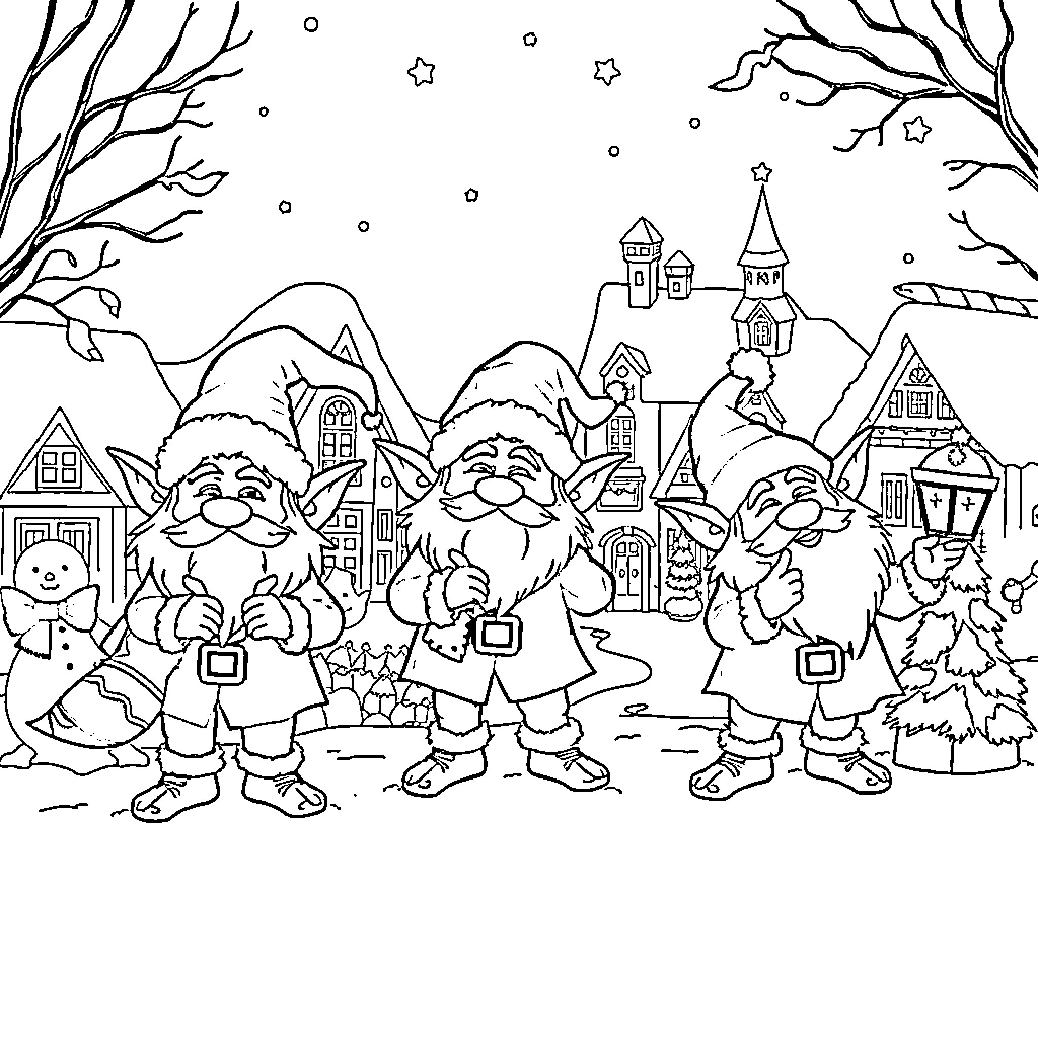 Orcs Celebrating Winter Wonderland in the Village Coloring Page (free black-and-white line drawing printable PDF for all, from beginners to advanced learners, including children, teens, adults, and seniors)