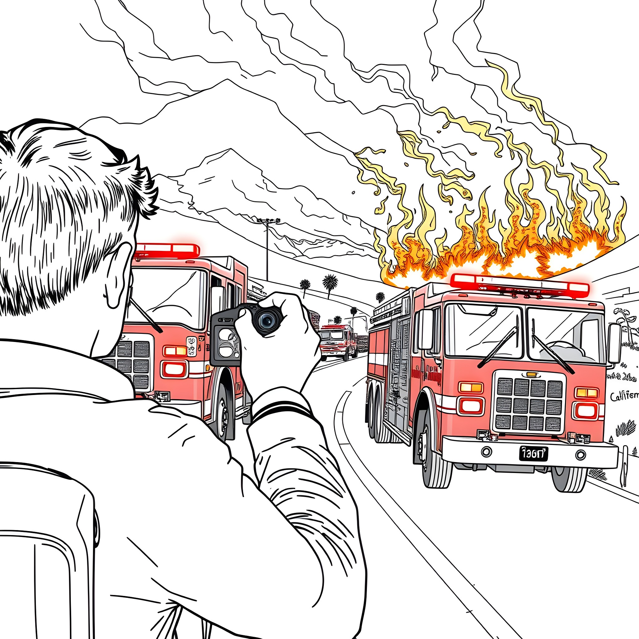 Man witnesses firefighters battling blazing fire Coloring Page (free black-and-white line drawing printable PDF for all, from beginners to advanced learners, including children, teens, adults, and seniors)