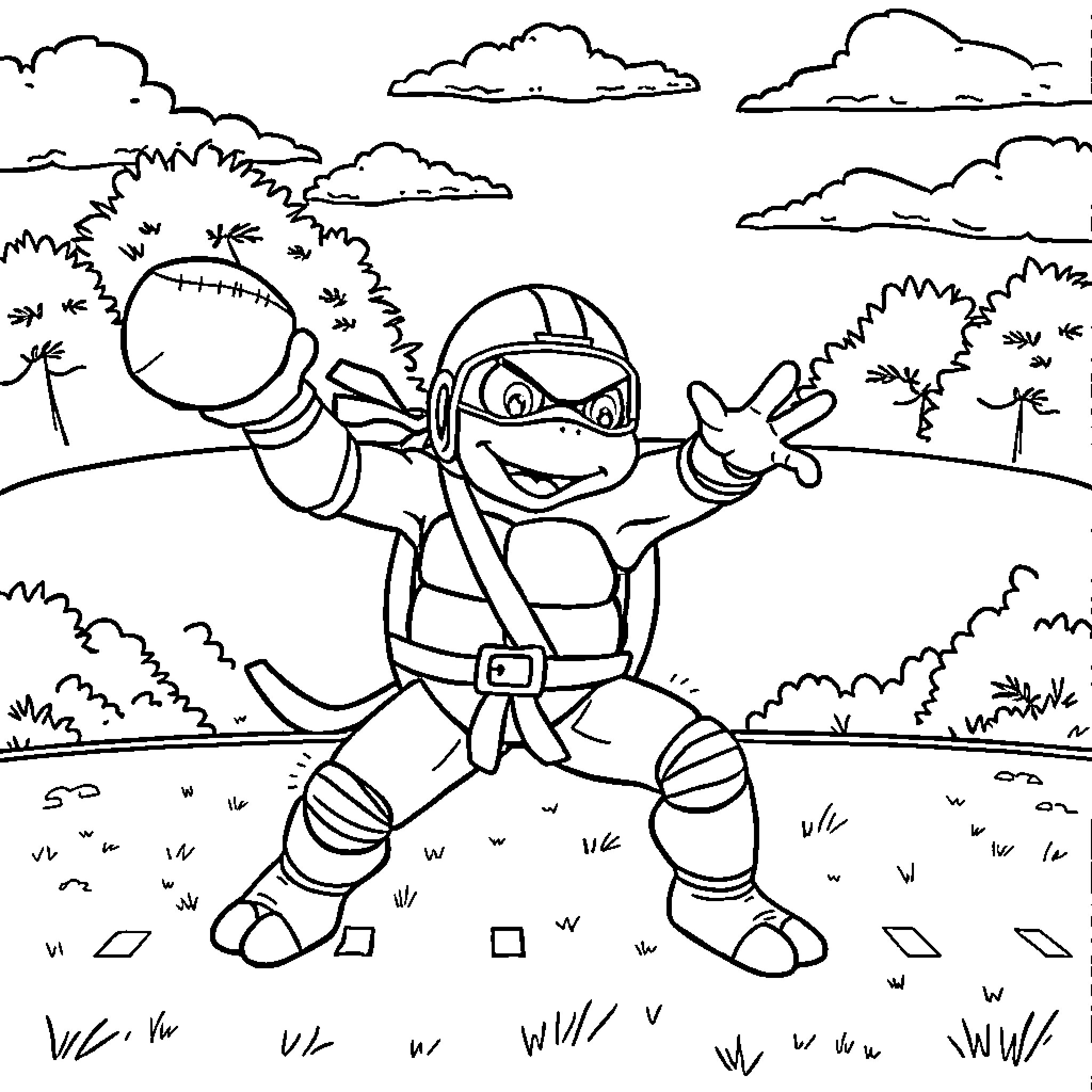 Ninja Turtle exploring the outdoors with excitement Coloring Page (free black-and-white line drawing printable PDF for all, from beginners to advanced learners, including children, teens, adults, and seniors)