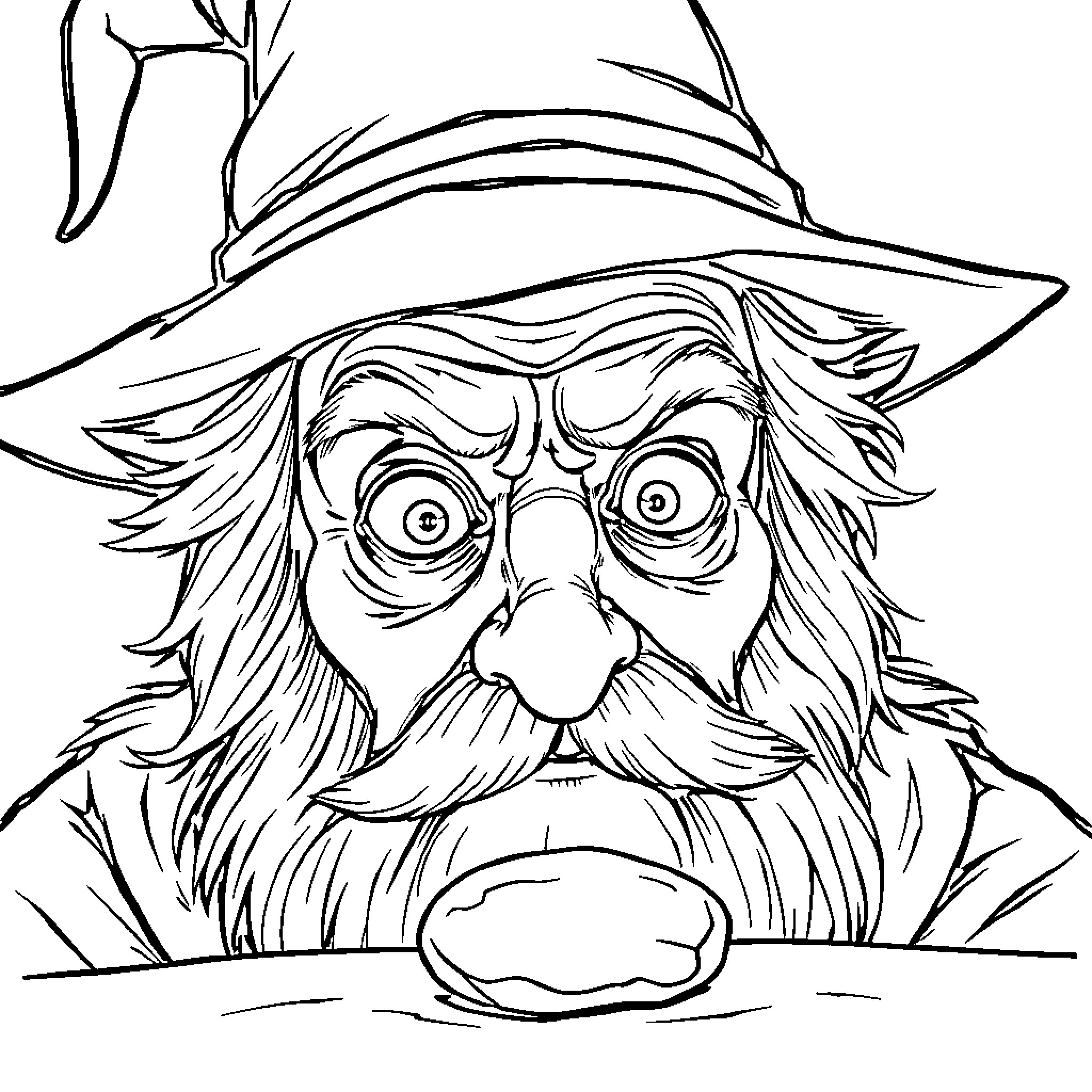 Wizard with wild expression and hat Coloring Page (free black-and-white line drawing printable PDF for all, from beginners to advanced learners, including children, teens, adults, and seniors)