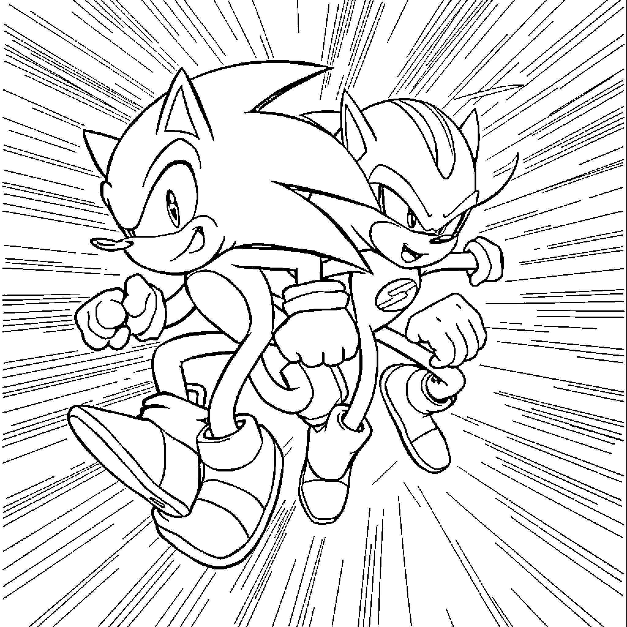 Sonic and Shadow Engaged in Action Coloring Page (free black-and-white line drawing printable PDF for all, from beginners to advanced learners, including children, teens, adults, and seniors)