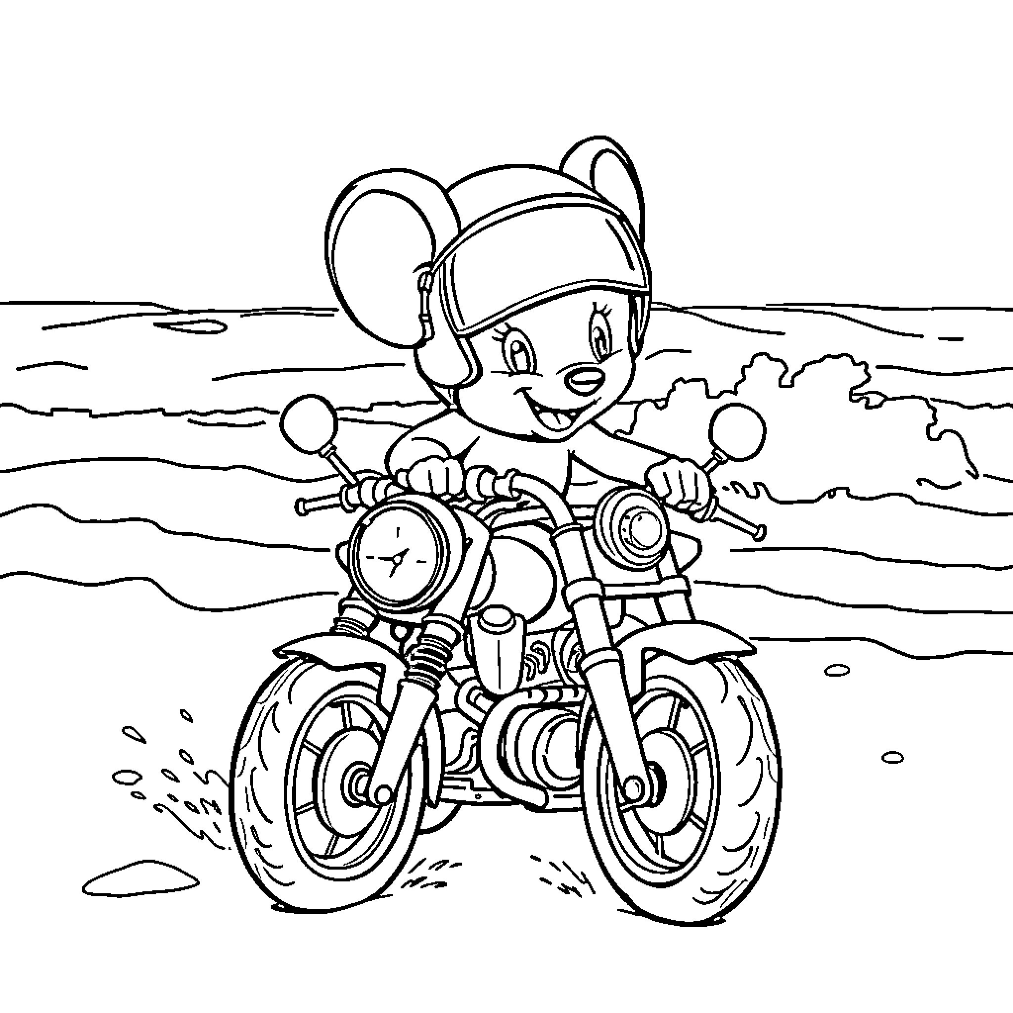 Mouse riding motorcycle on the open road Coloring Page (free black-and-white line drawing printable PDF for all, from beginners to advanced learners, including children, teens, adults, and seniors)