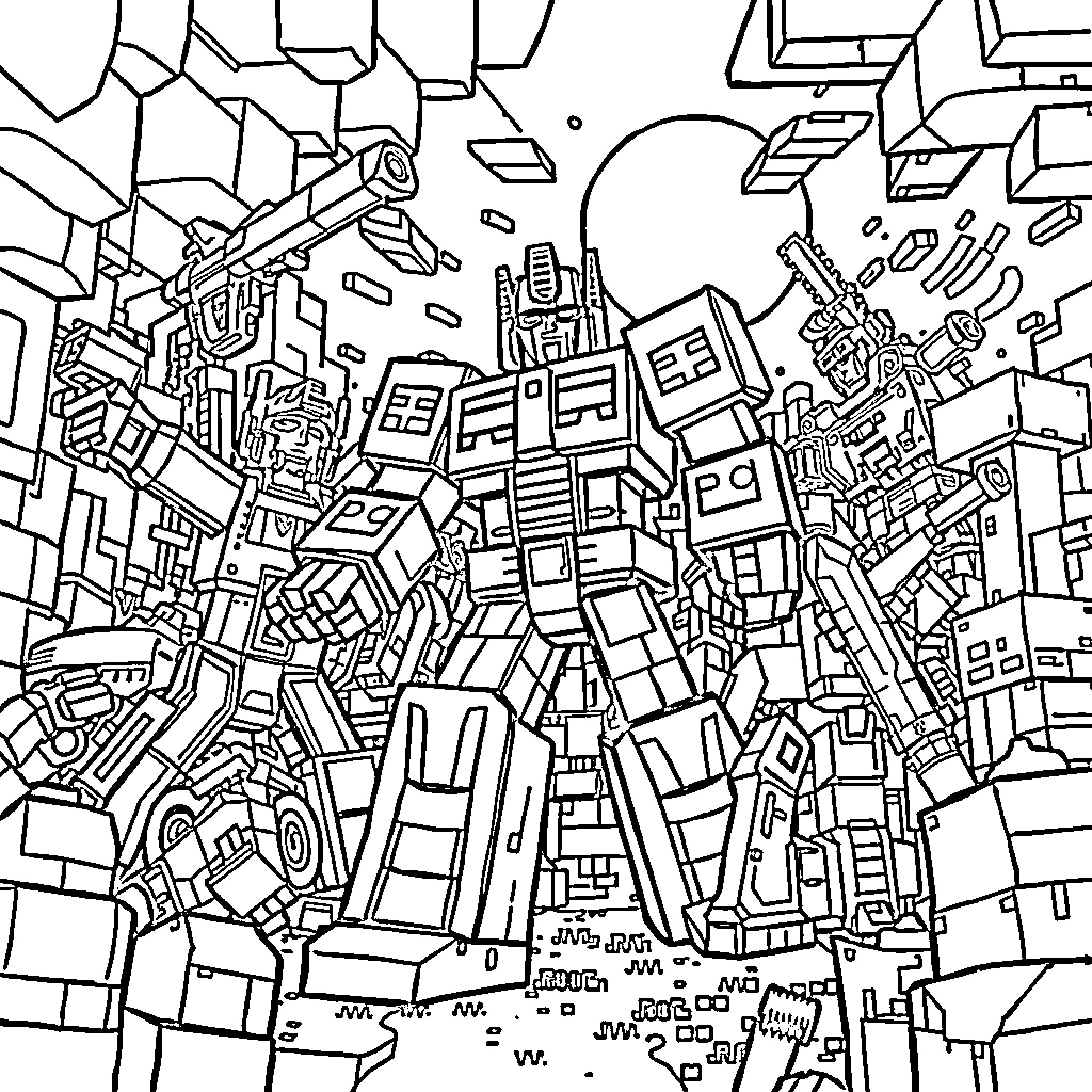 Minecraft: Abstract City Landscape Exploration Coloring Page (free black-and-white line drawing printable PDF for all, from beginners to advanced learners, including children, teens, adults, and seniors)