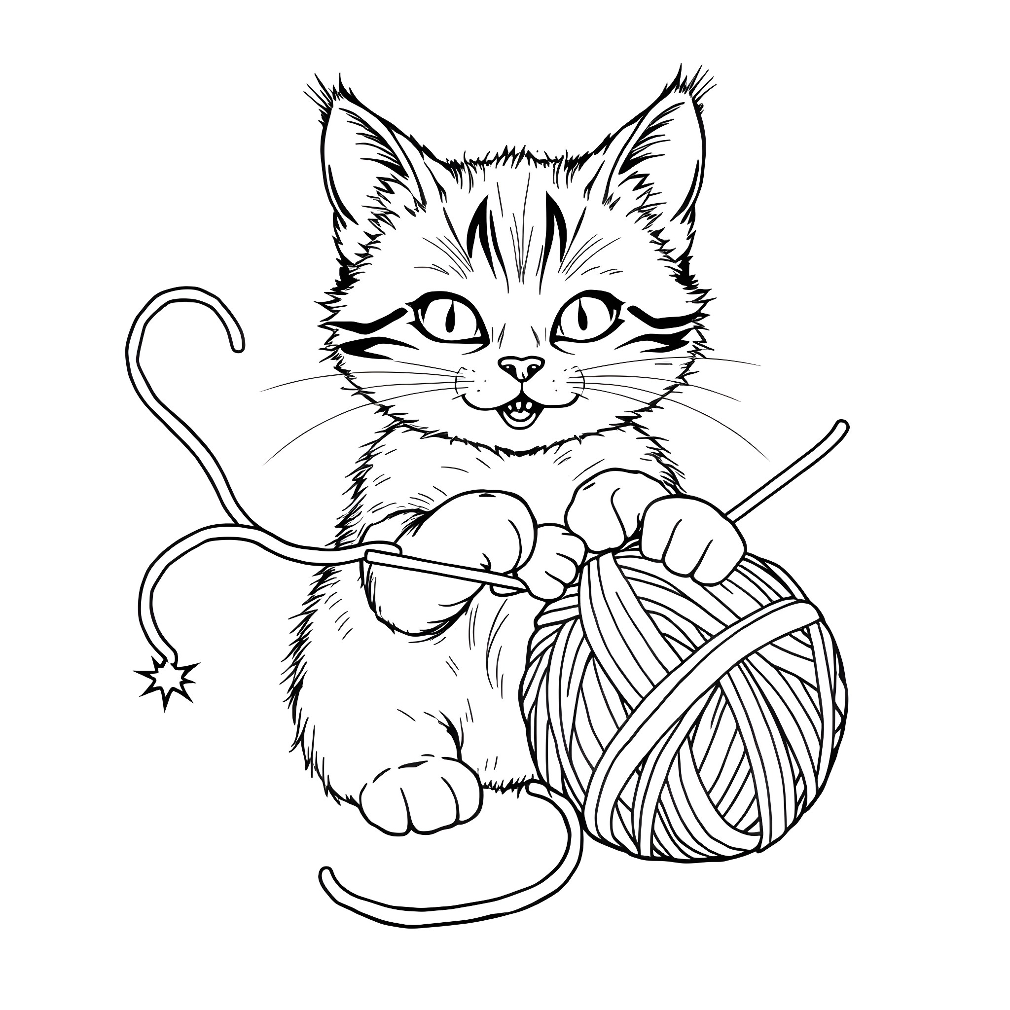 Cat playing with yarn Coloring Page (free black-and-white line drawing printable PDF for all, from beginners to advanced learners, including children, teens, adults, and seniors)