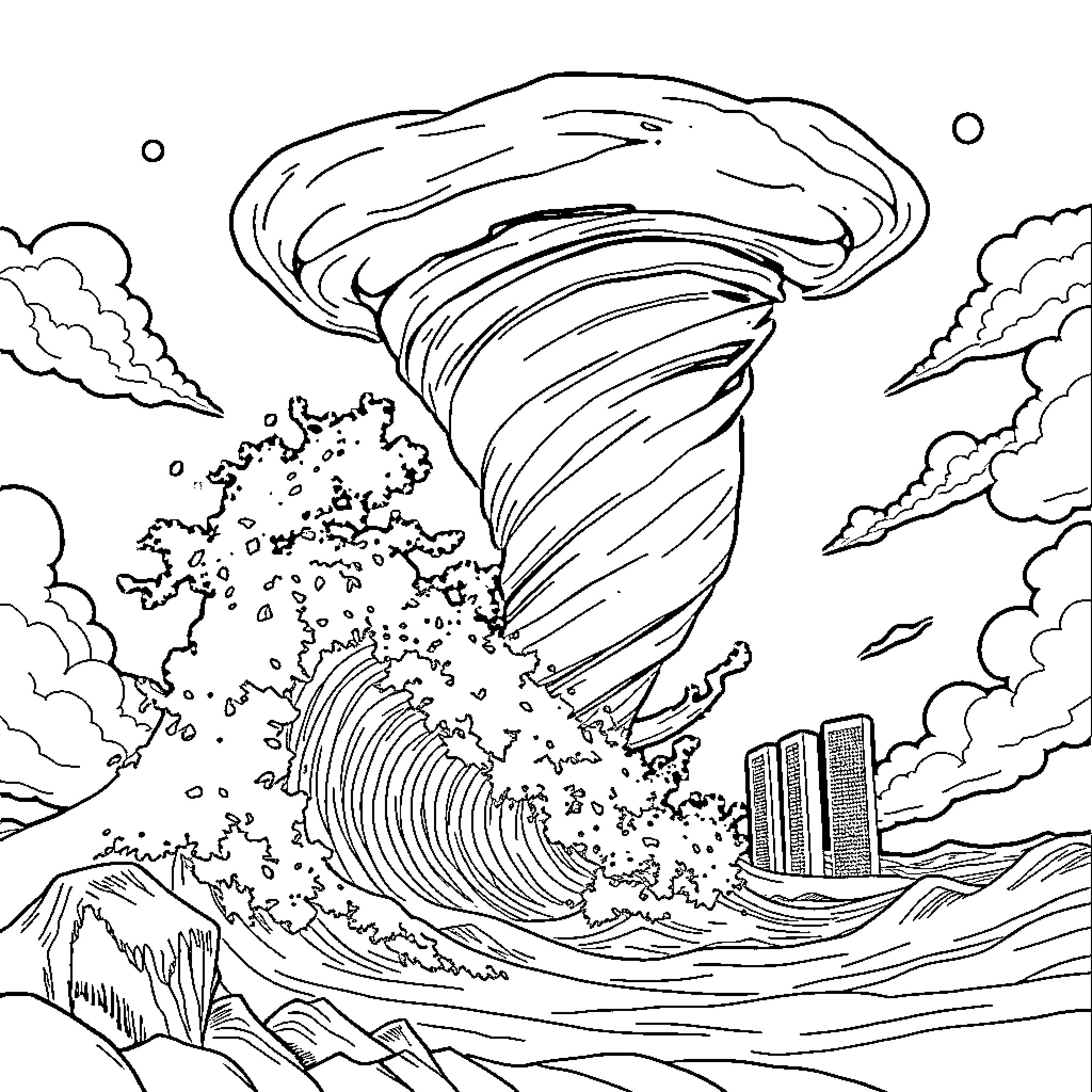 Tornado ripping through coastal city in stormy weather Coloring Page (free black-and-white line drawing printable PDF for all, from beginners to advanced learners, including children, teens, adults, and seniors)
