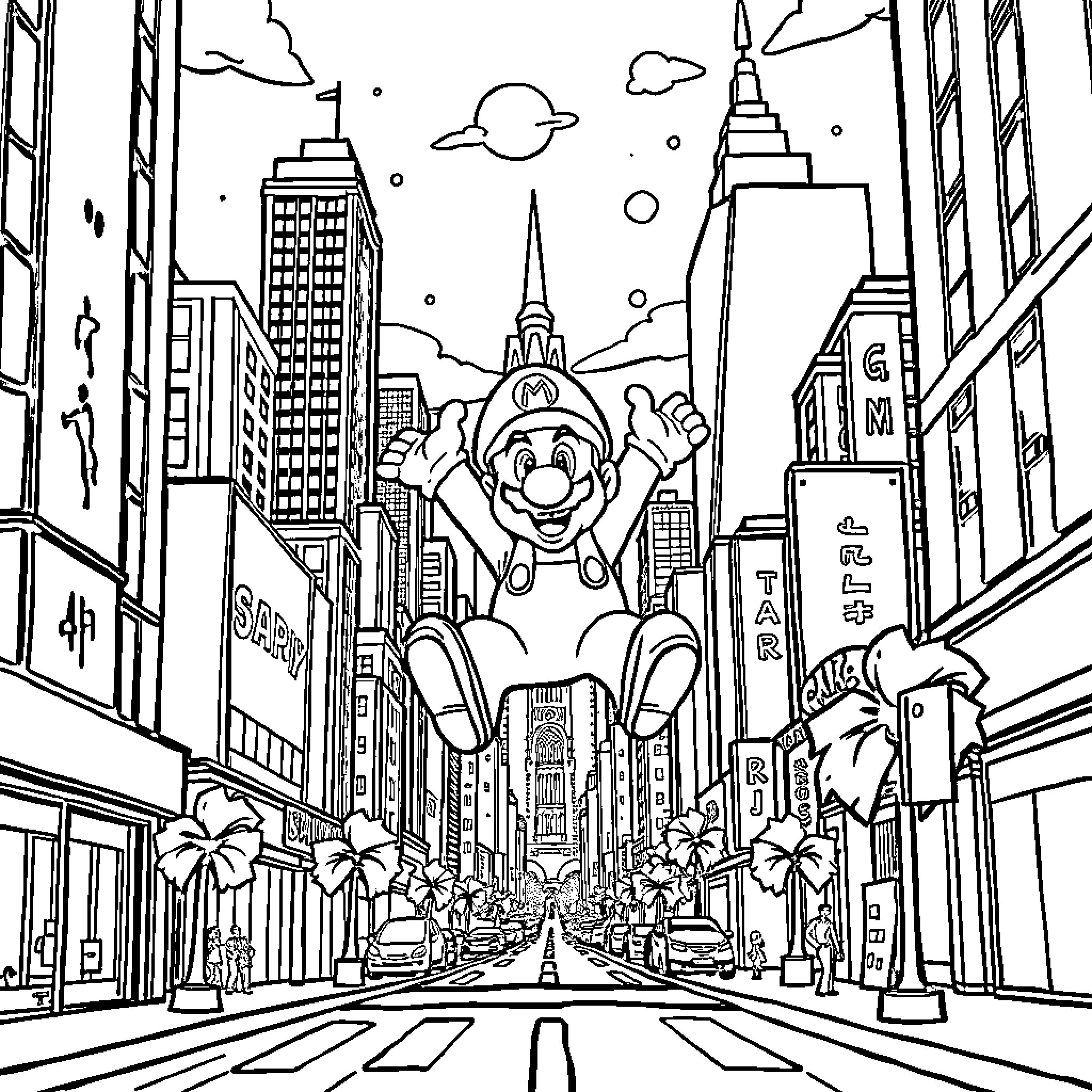 Mario Exploring the Vibrant City Skyline Coloring Page (free black-and-white line drawing printable PDF for all, from beginners to advanced learners, including children, teens, adults, and seniors)