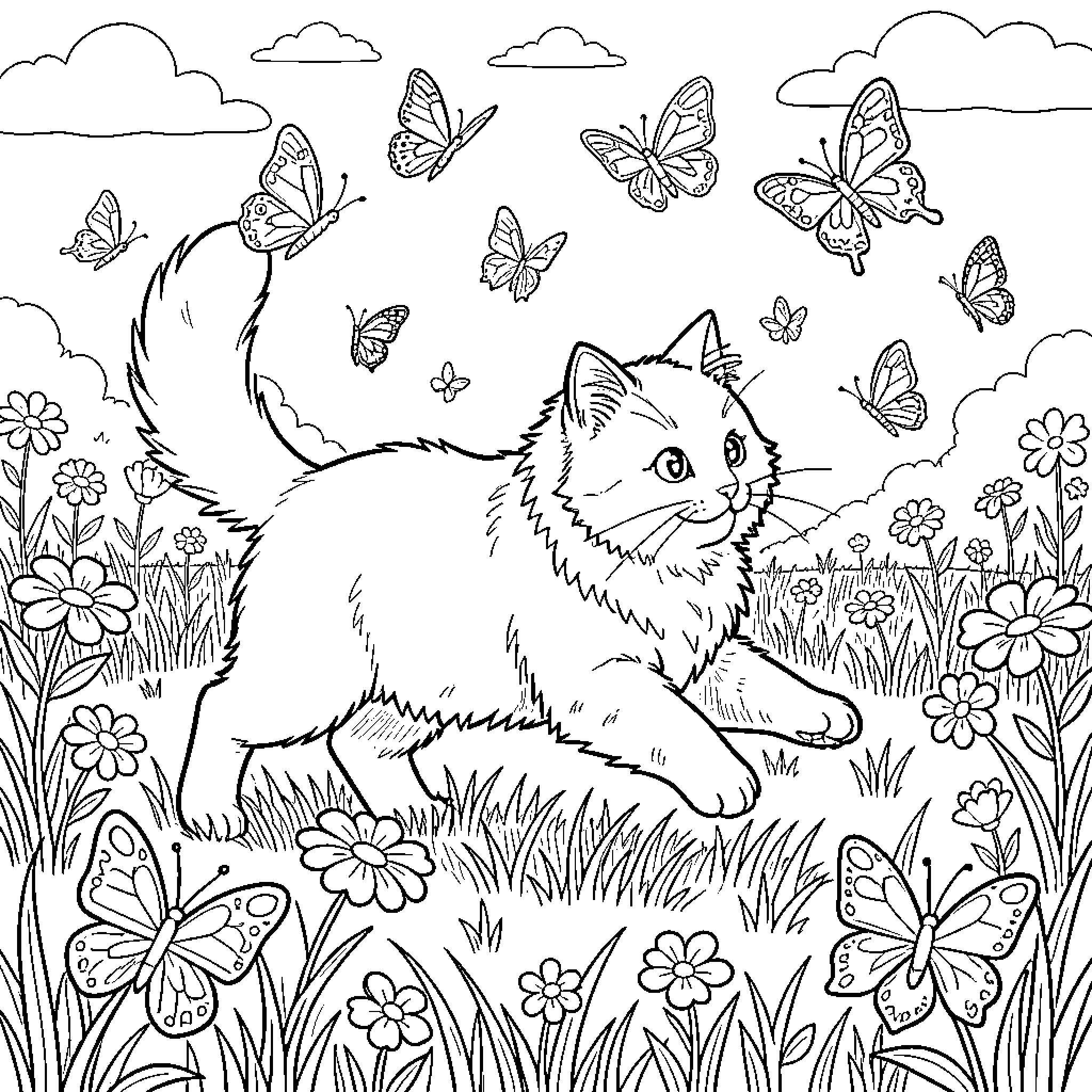 Cat exploring a butterfly-filled garden Coloring Page (free black-and-white line drawing printable PDF for all, from beginners to advanced learners, including children, teens, adults, and seniors)