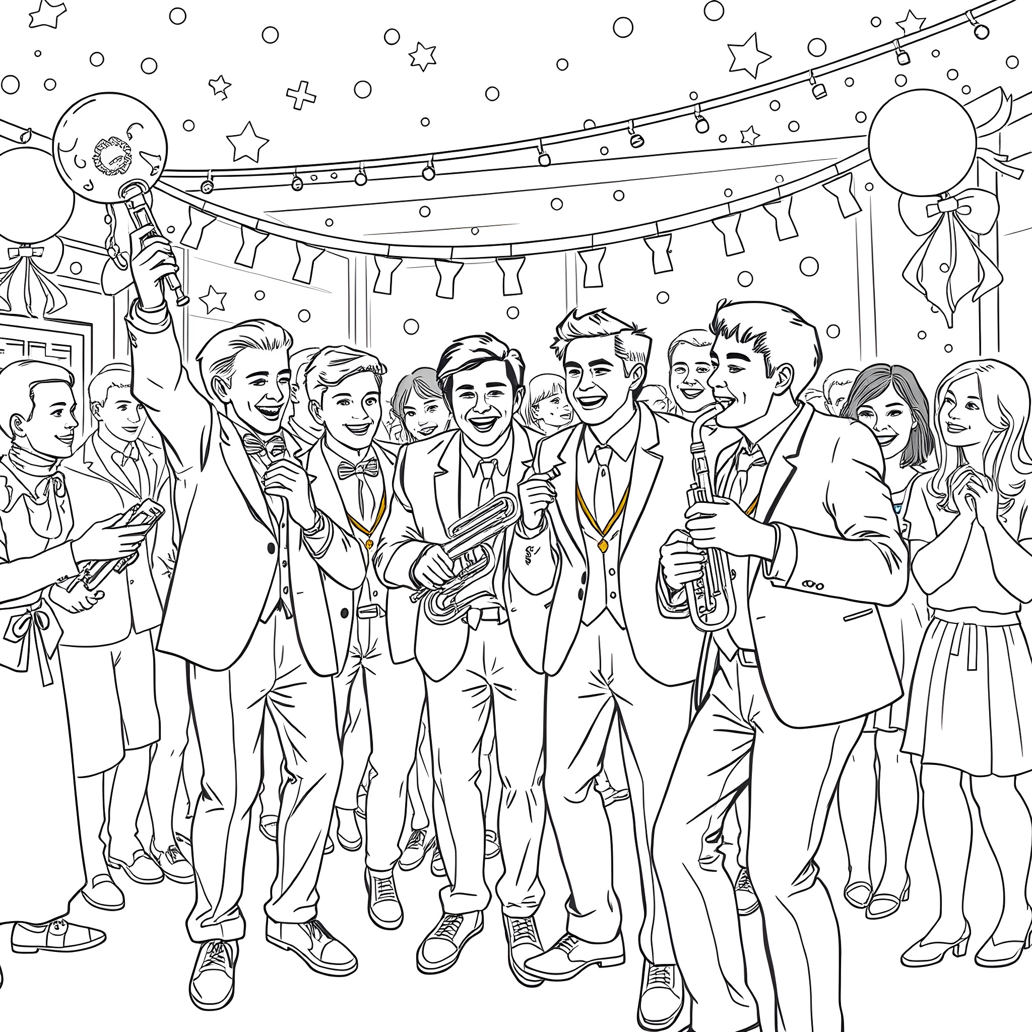 Kappa characters celebrating a festive occasion Coloring Page (free black-and-white line drawing printable PDF for all, from beginners to advanced learners, including children, teens, adults, and seniors)