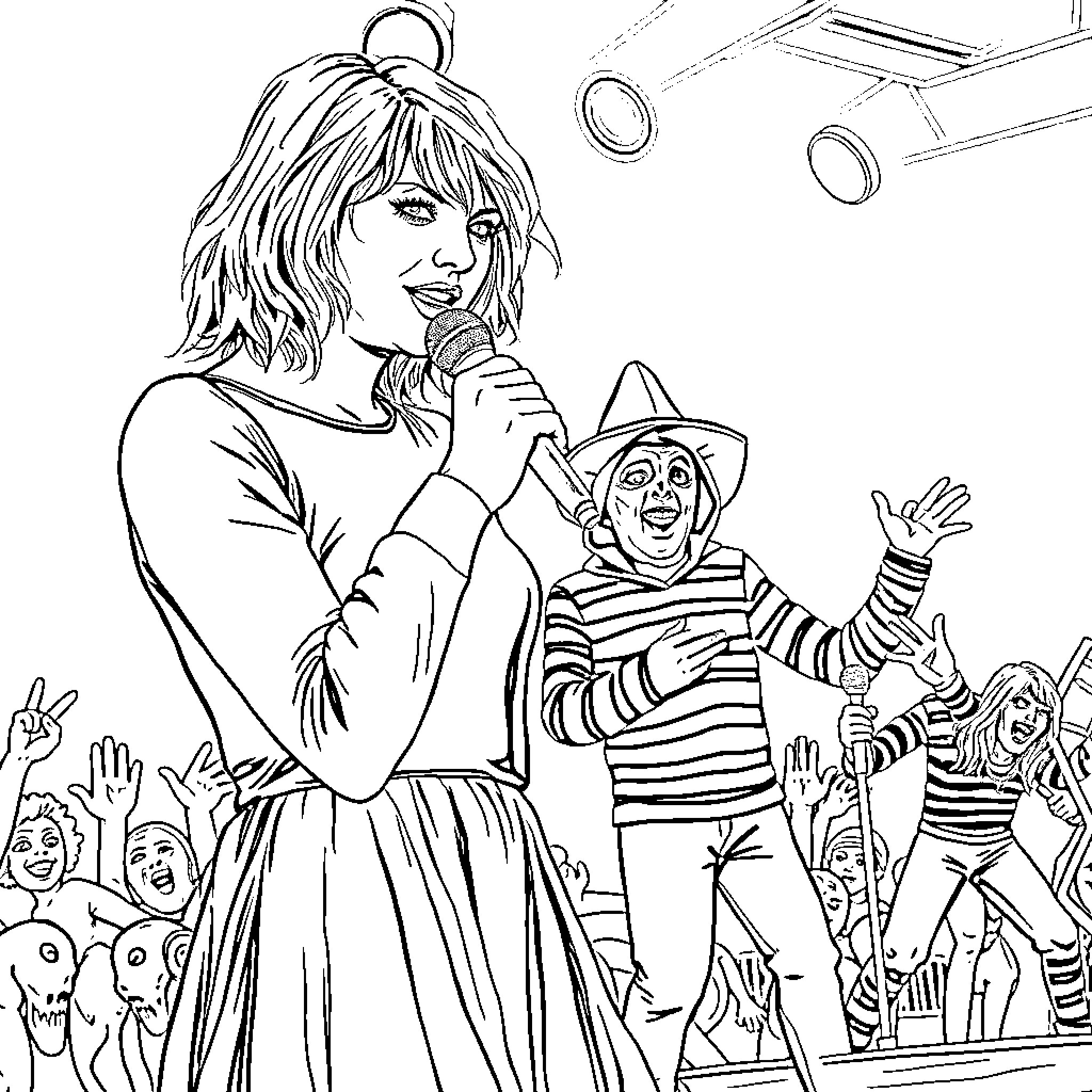 Taylor Swift performing on stage with fans Coloring Page (free black-and-white line drawing printable PDF for all, from beginners to advanced learners, including children, teens, adults, and seniors)