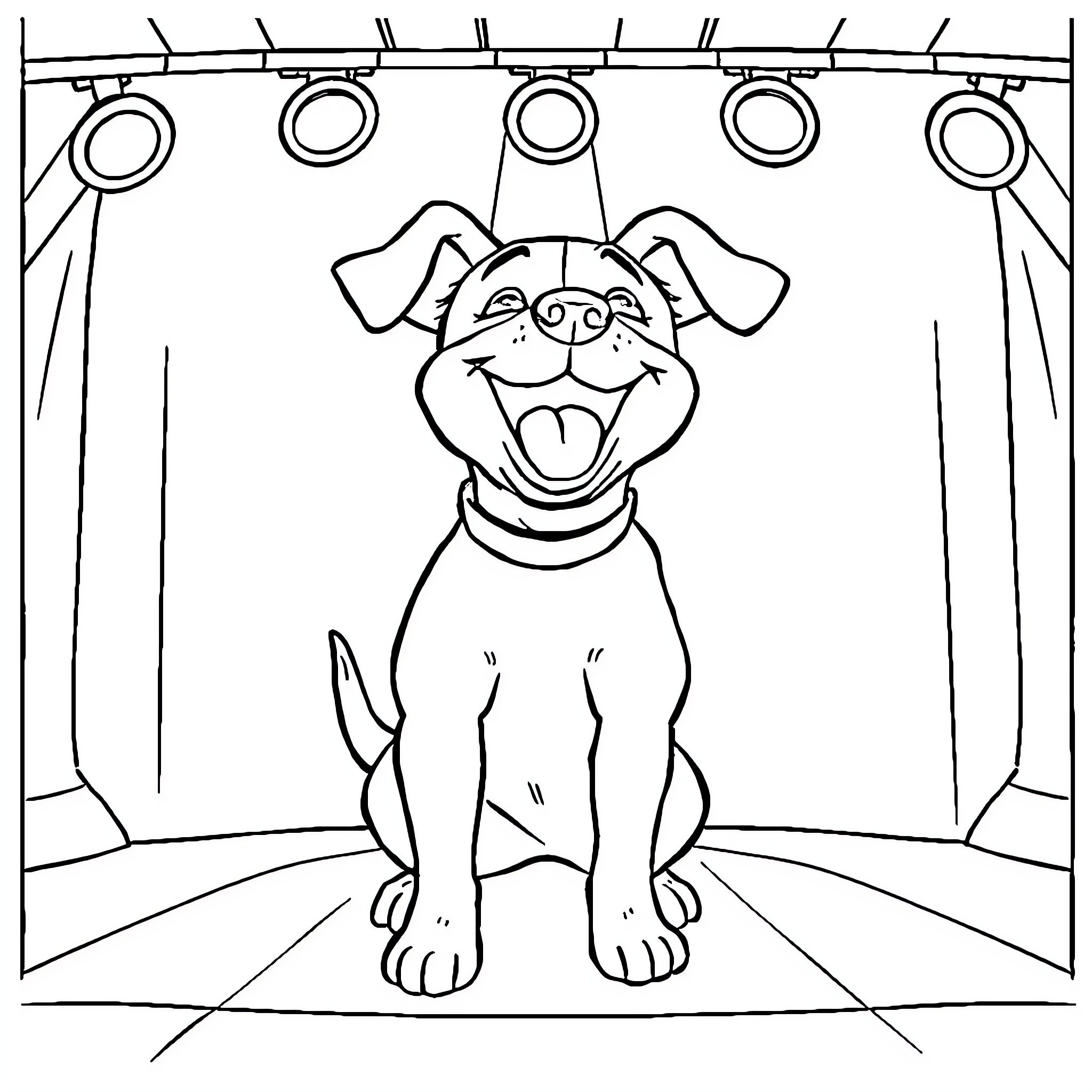 Dog performing on stage under spotlights Coloring Page (free black-and-white line drawing printable PDF for all, from beginners to advanced learners, including children, teens, adults, and seniors)