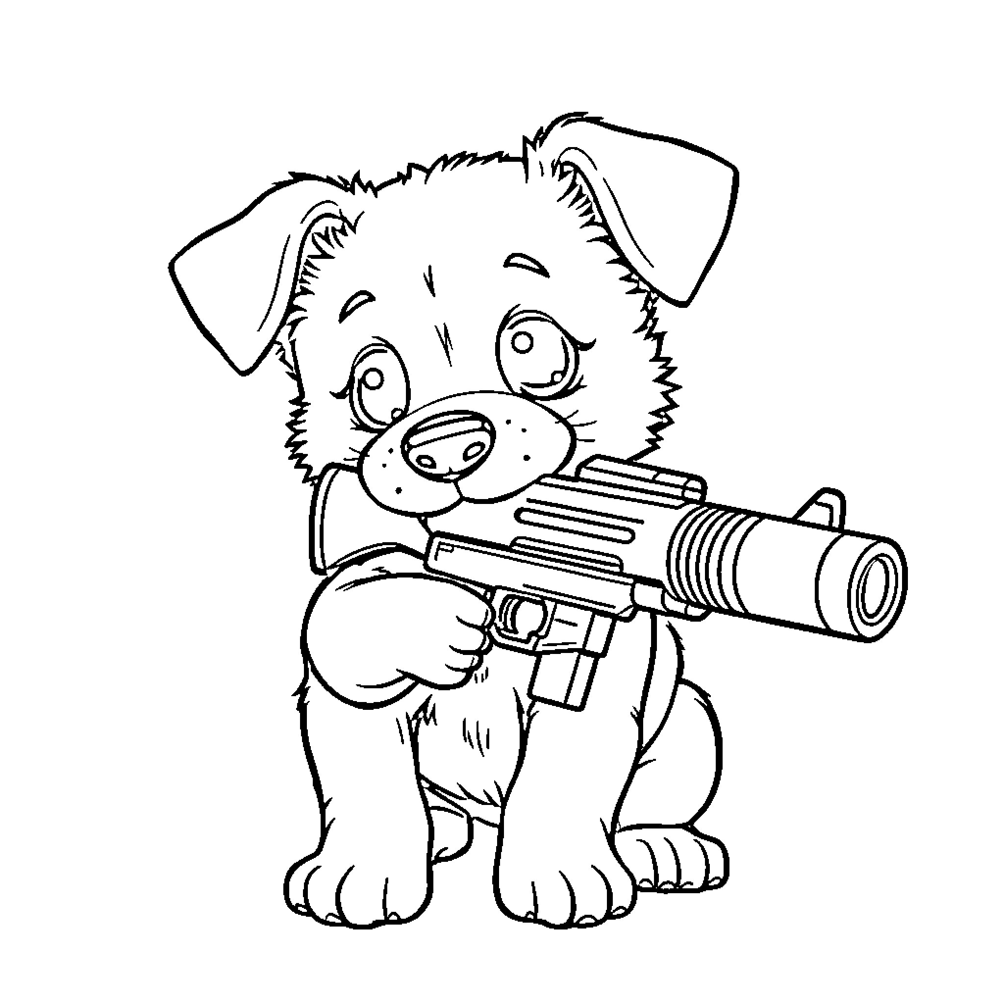 Puppy playing with toy gun Coloring Page (free black-and-white line drawing printable PDF for all, from beginners to advanced learners, including children, teens, adults, and seniors)