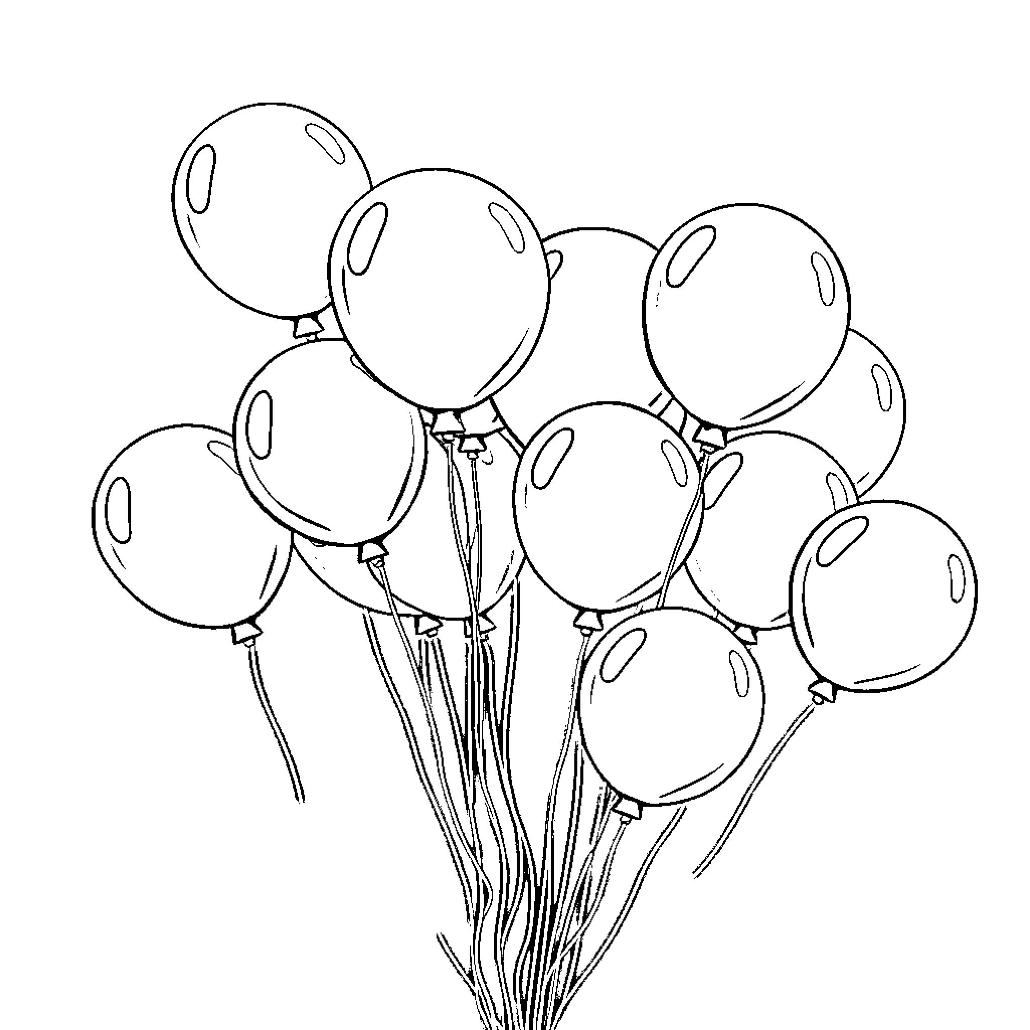 Pop Bunch of Balloons Floating Freely Coloring Page (free black-and-white line drawing printable PDF for all, from beginners to advanced learners, including children, teens, adults, and seniors)