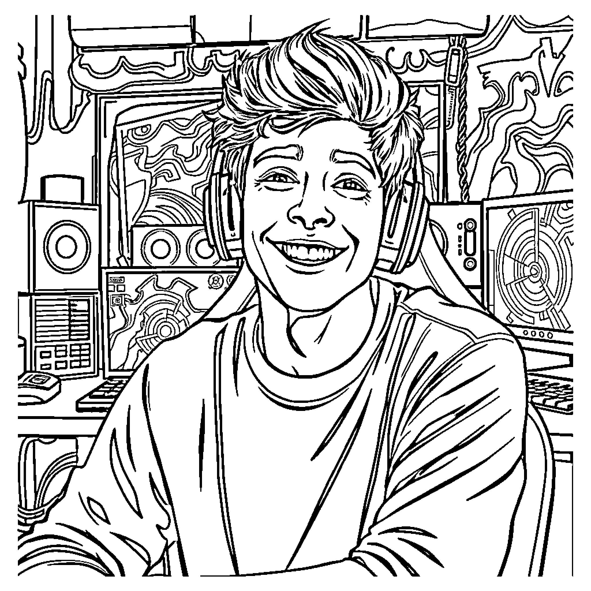 Faze Rug in a vibrant, playful setting Coloring Page (free black-and-white line drawing printable PDF for all, from beginners to advanced learners, including children, teens, adults, and seniors)