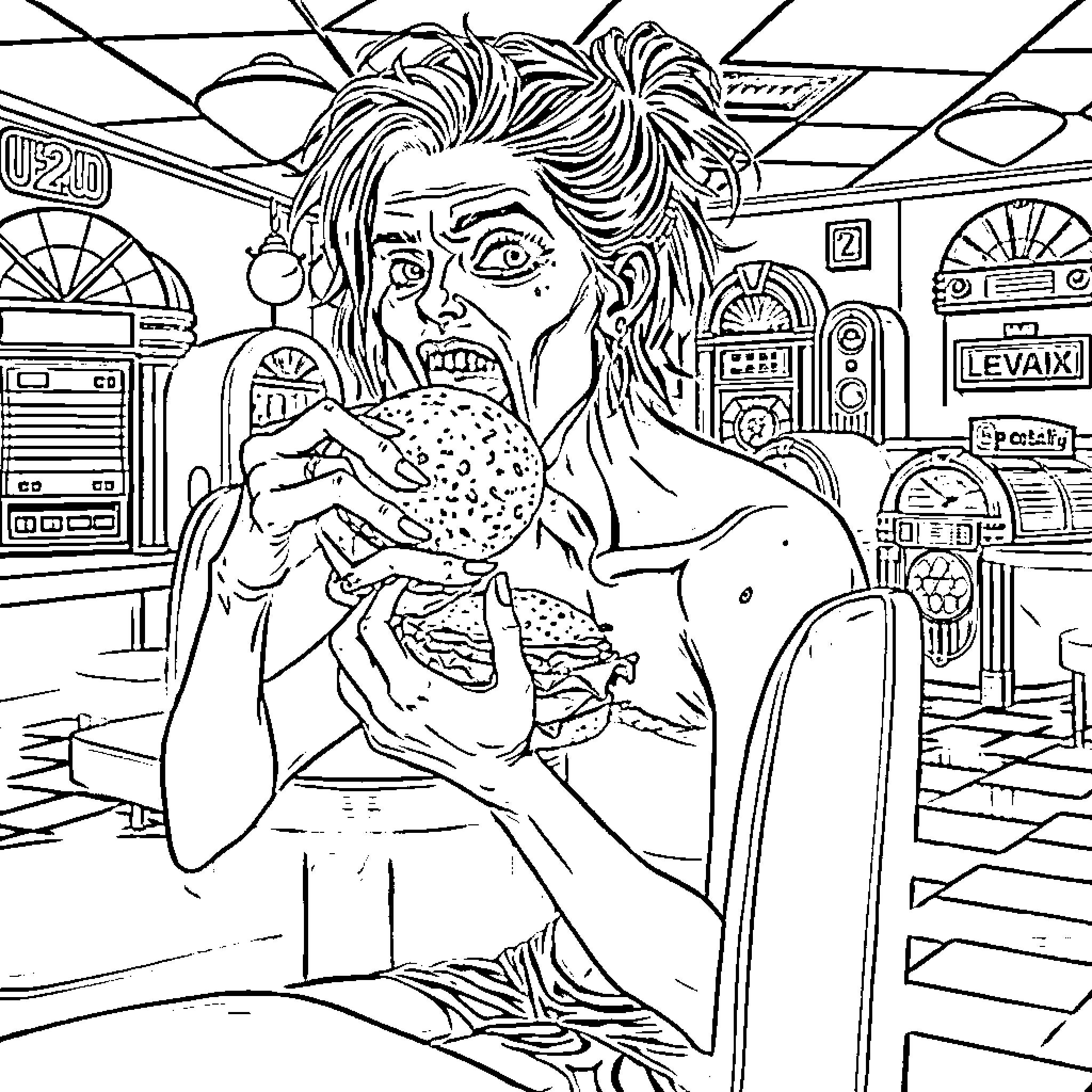 Woman indulging in a messy fast food meal in a diner Coloring Page (free black-and-white line drawing printable PDF for all, from beginners to advanced learners, including children, teens, adults, and seniors)