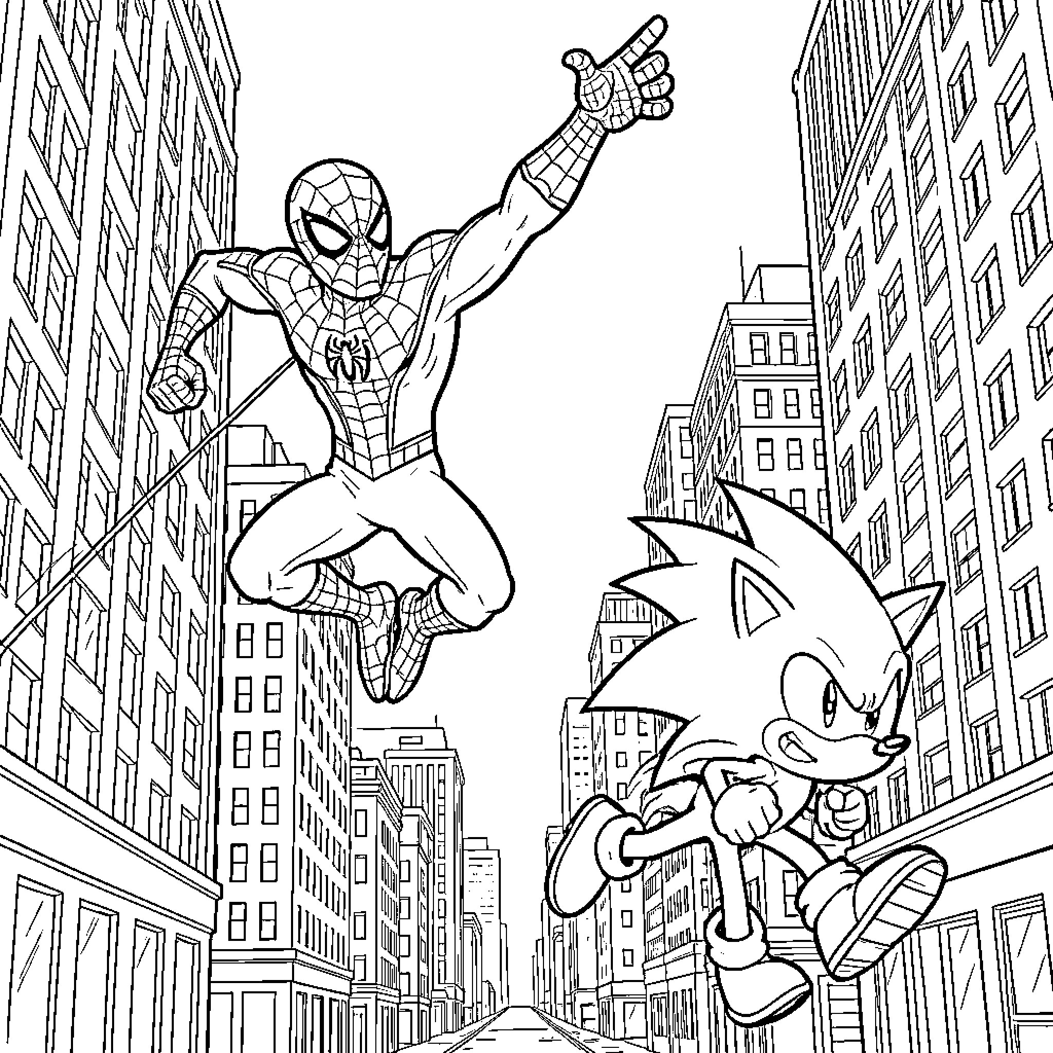 Spiderman and Sonic the Hedgehog battling in the city Coloring Page (free black-and-white line drawing printable PDF for all, from beginners to advanced learners, including children, teens, adults, and seniors)