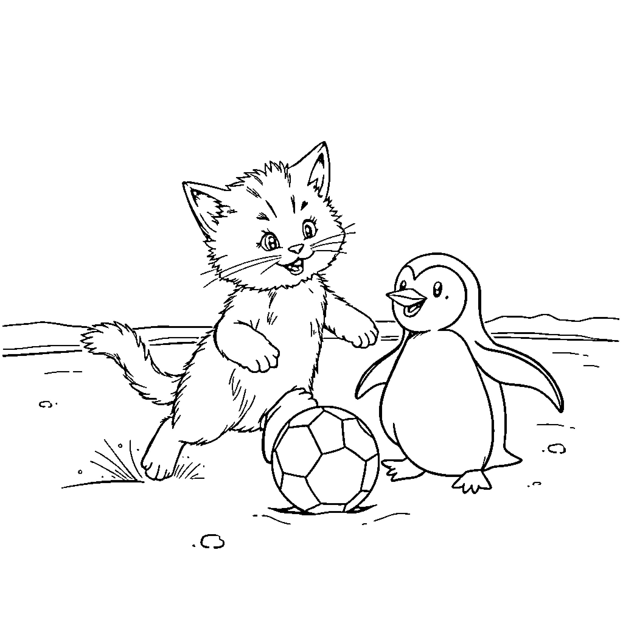 Cat and Penguin Playing with Soccer Ball Coloring Page (free black-and-white line drawing printable PDF for all, from beginners to advanced learners, including children, teens, adults, and seniors)