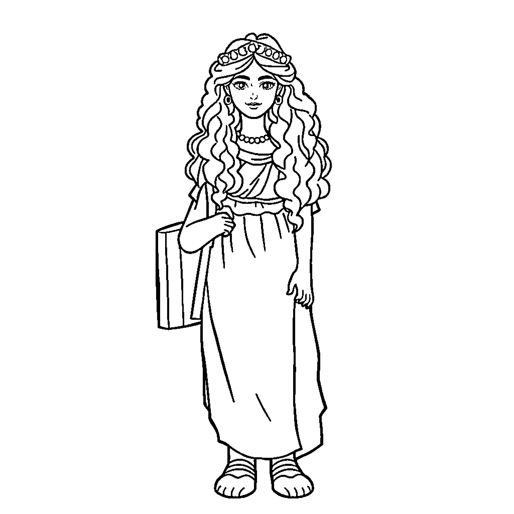 Sappho, the Poet of Lesbos, in Ancient Attire Coloring Page (free black-and-white line drawing printable PDF for all, from beginners to advanced learners, including children, teens, adults, and seniors)