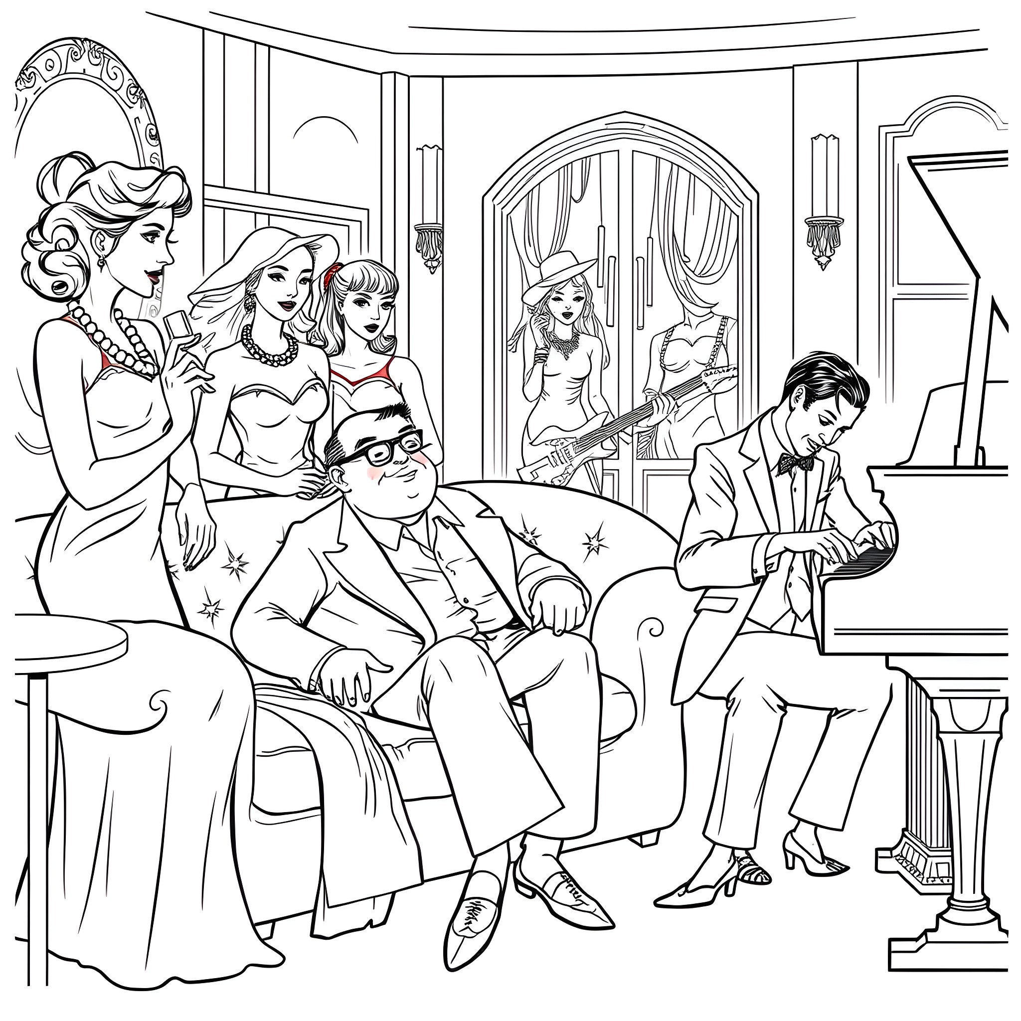 Party at the Glamorous Mansion Coloring Page (free black-and-white line drawing printable PDF for all, from beginners to advanced learners, including children, teens, adults, and seniors)
