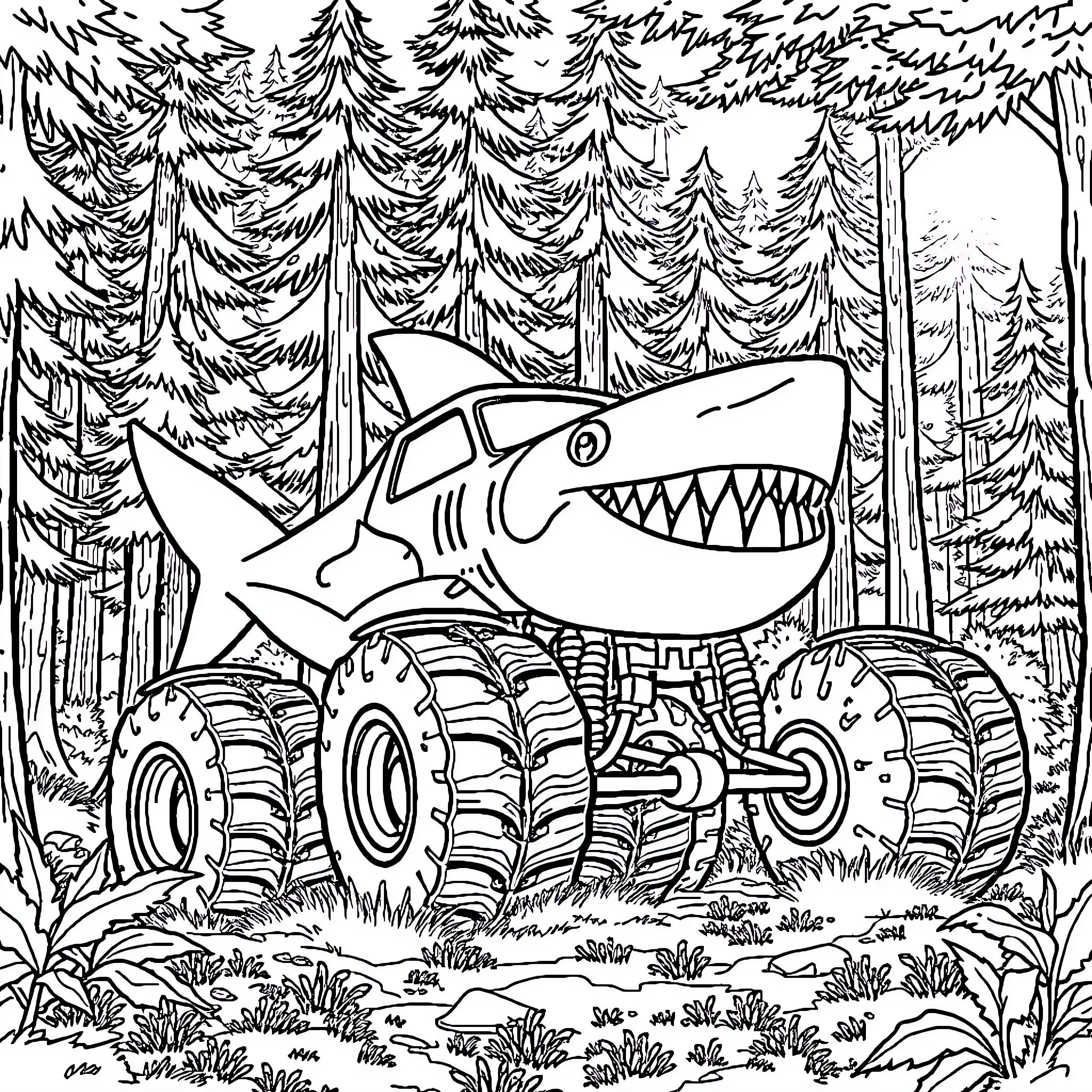 Monster Truck Shark Navigating Through Forest Coloring Page (free black-and-white line drawing printable PDF for all, from beginners to advanced learners, including children, teens, adults, and seniors)