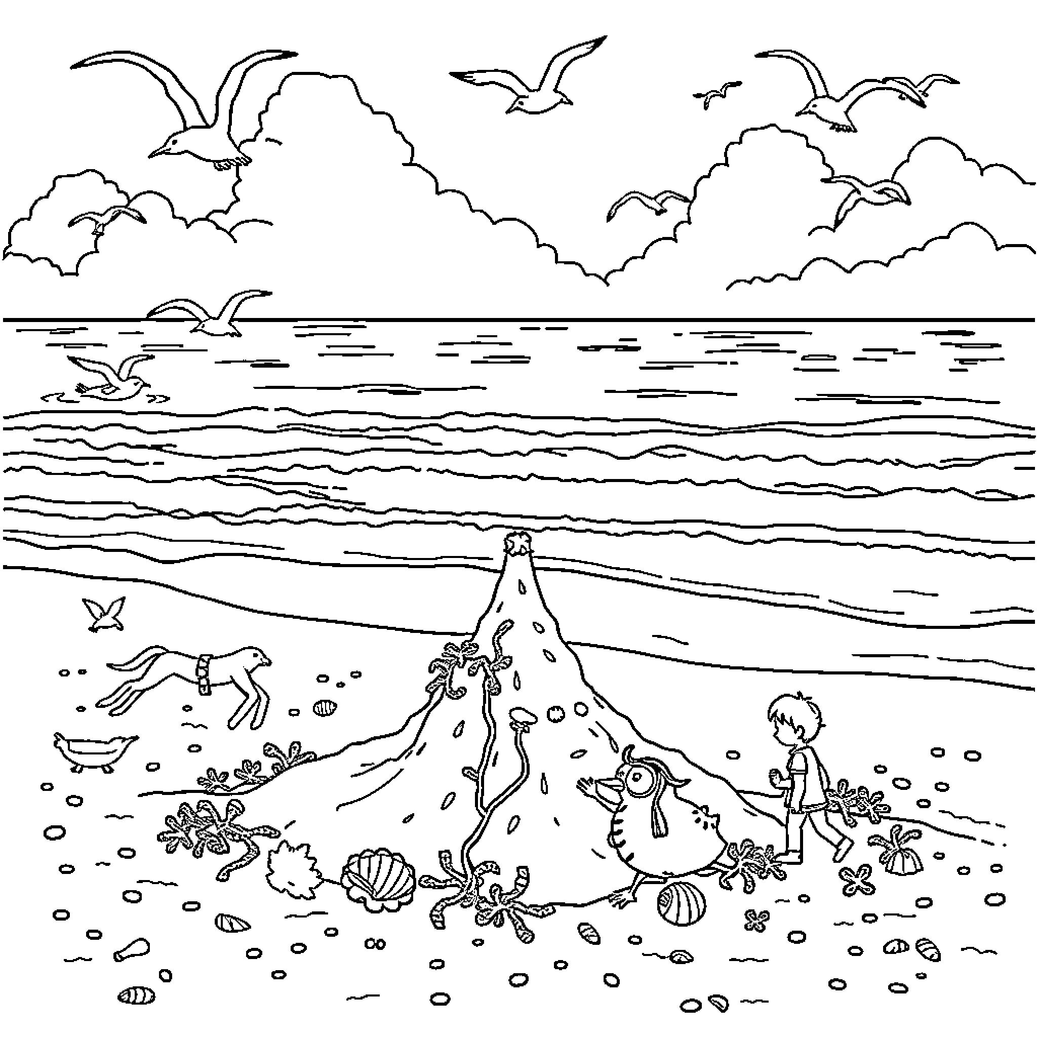 Beach scene with seagulls and children playing in sand Coloring Page (free black-and-white line drawing printable PDF for all, from beginners to advanced learners, including children, teens, adults, and seniors)