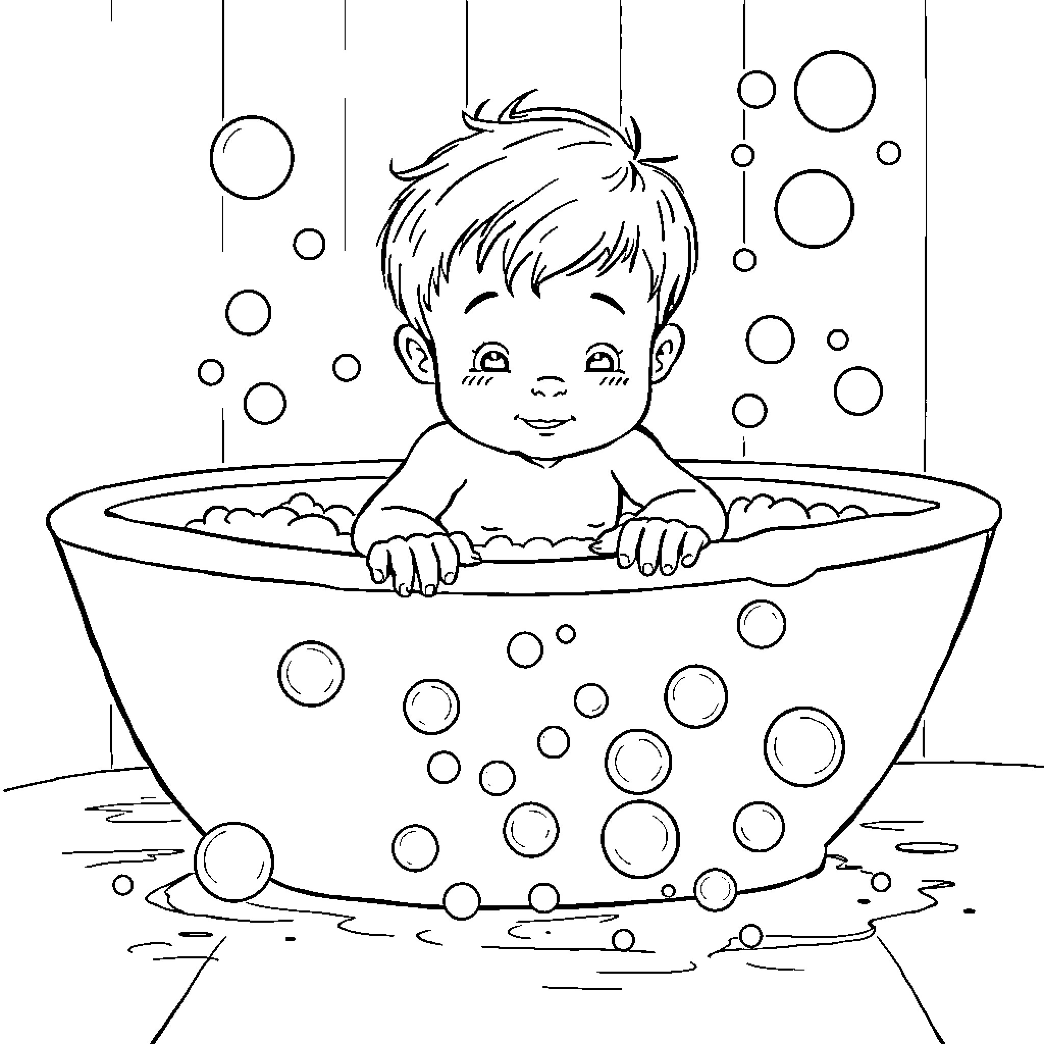 Boy enjoying bubble bath in tub Coloring Page (free black-and-white line drawing printable PDF for all, from beginners to advanced learners, including children, teens, adults, and seniors)
