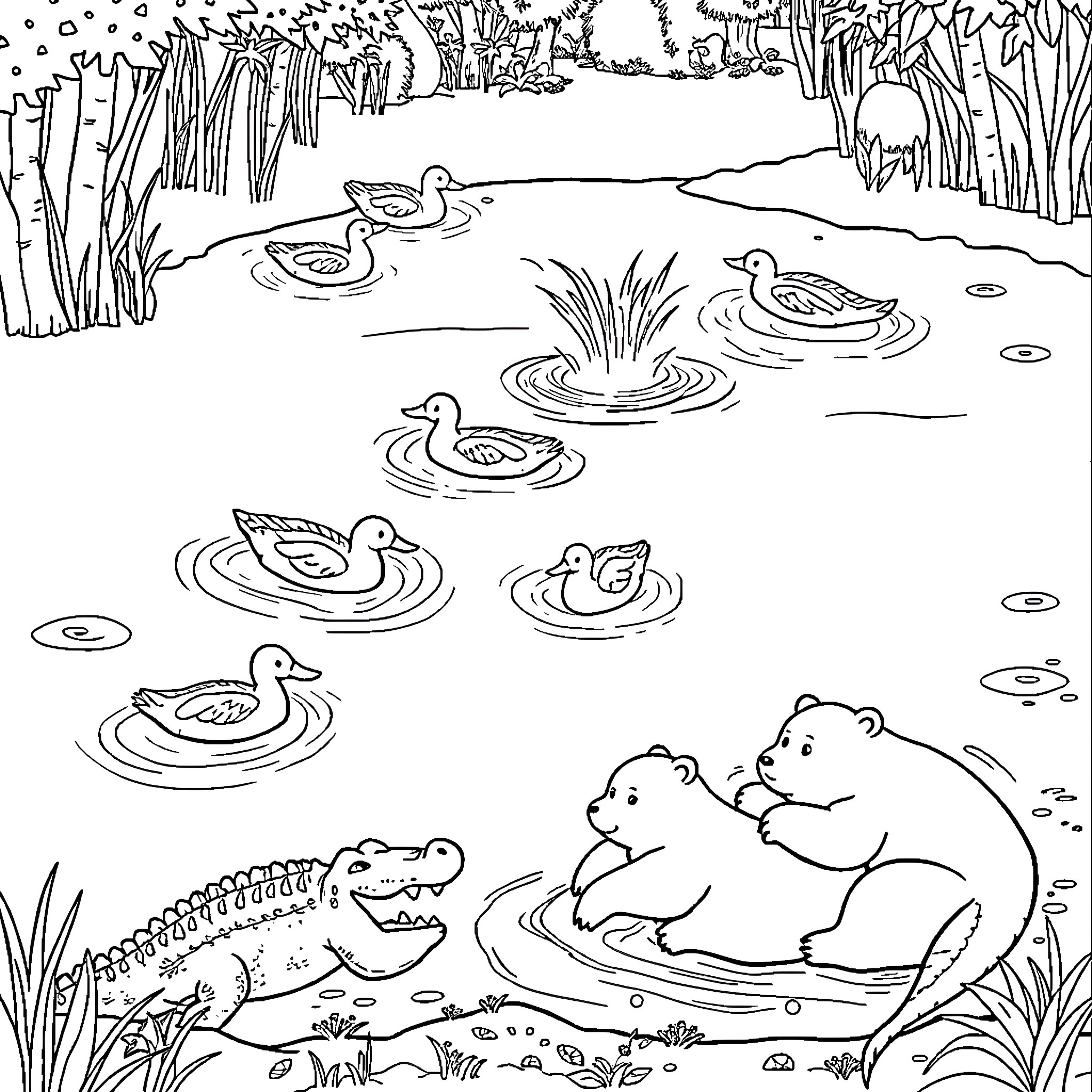 Ducks swimming in the pond with animals Coloring Page (free black-and-white line drawing printable PDF for all, from beginners to advanced learners, including children, teens, adults, and seniors)