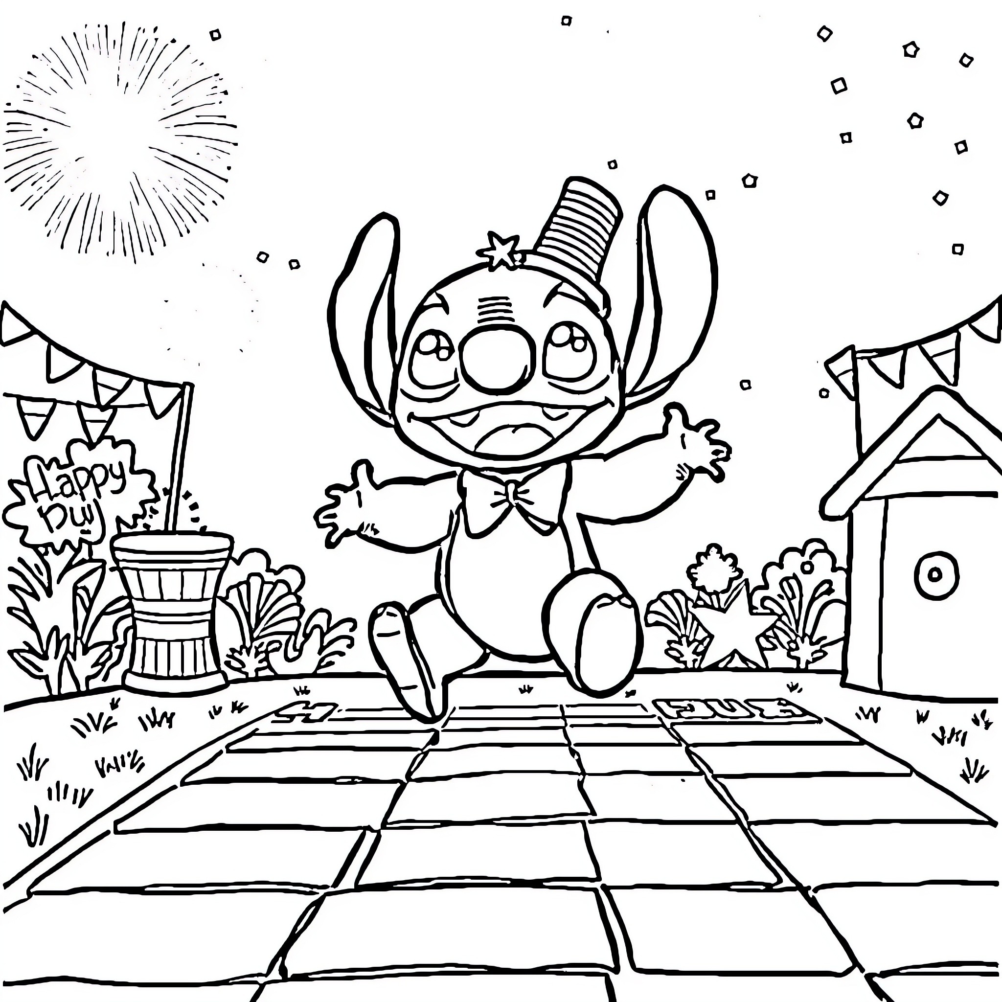 Stitch celebrating with fireworks and party decorations Coloring Page (free black-and-white line drawing printable PDF for all, from beginners to advanced learners, including children, teens, adults, and seniors)