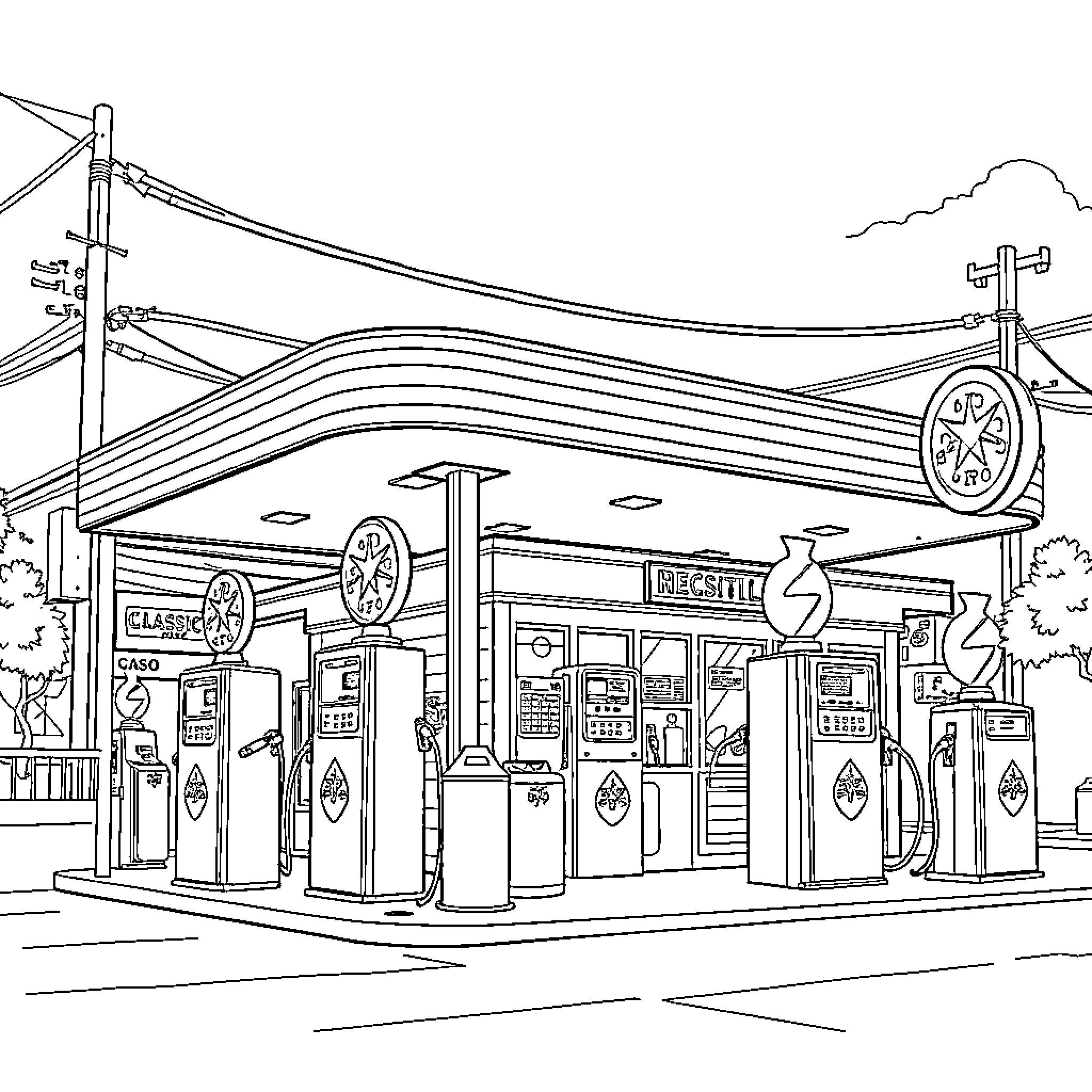 Gas Station with Retro Architectural Design Coloring Page (free black-and-white line drawing printable PDF for all, from beginners to advanced learners, including children, teens, adults, and seniors)