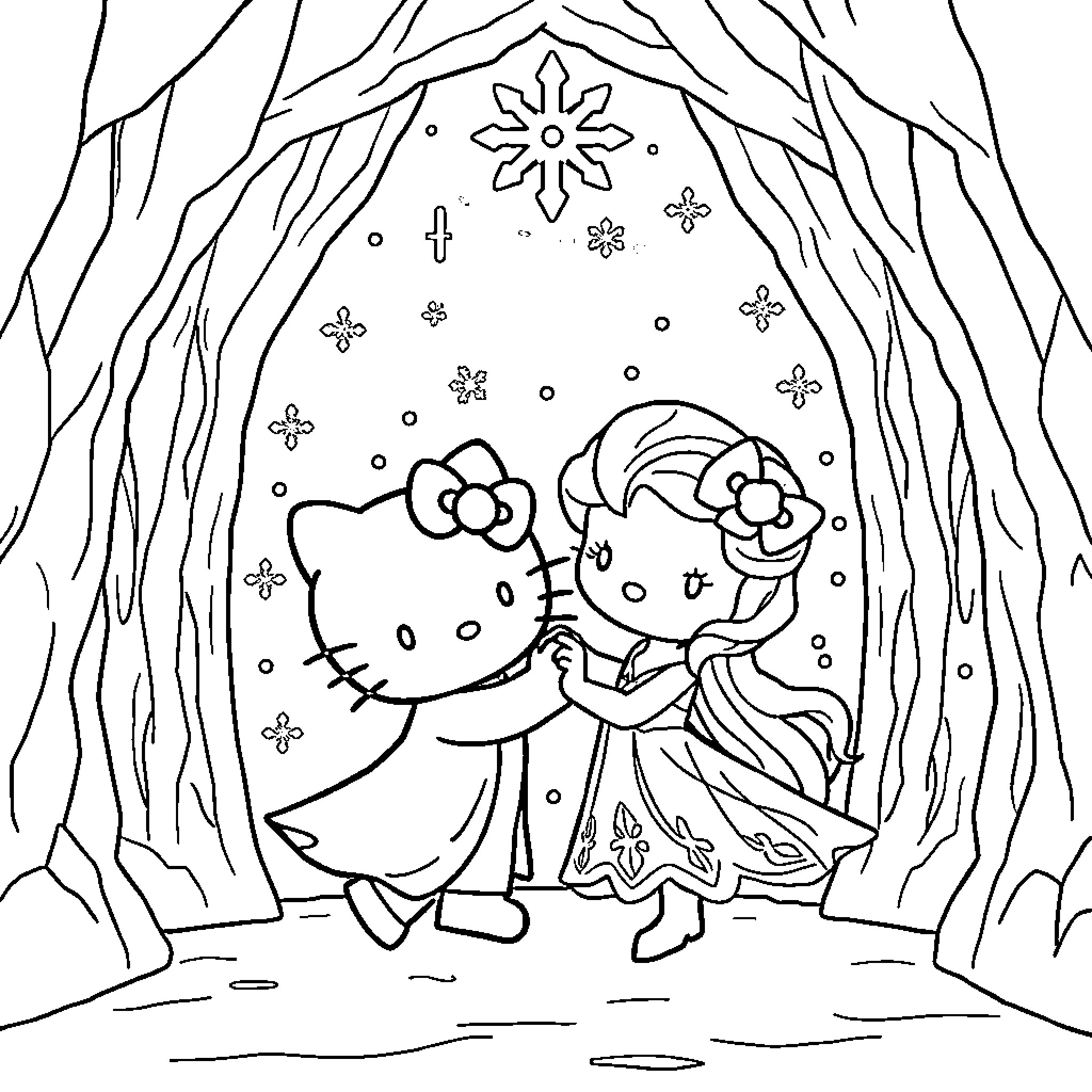 Hello Kitty and Elsa Enjoying Snowy Adventure Coloring Page (free black-and-white line drawing printable PDF for all, from beginners to advanced learners, including children, teens, adults, and seniors)