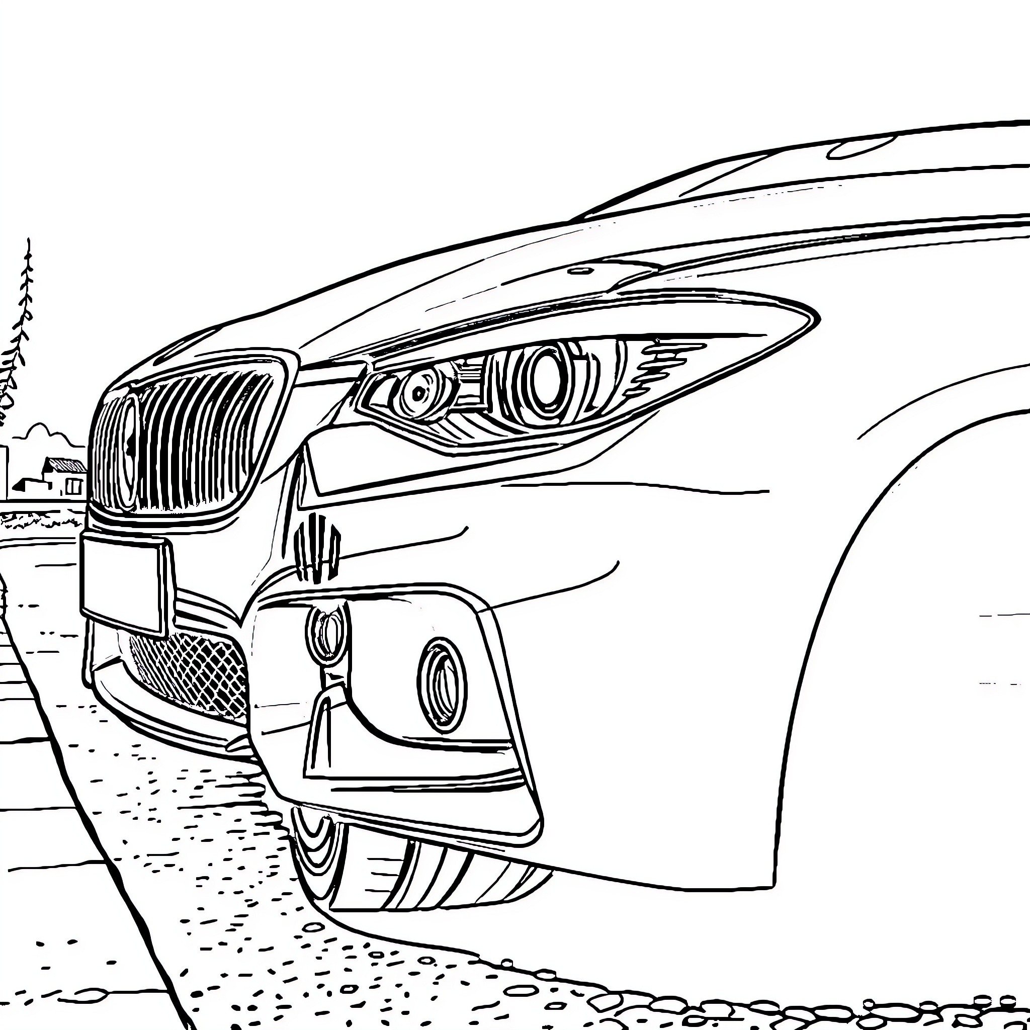 Car speeding on the road with stylish design Coloring Page (free black-and-white line drawing printable PDF for all, from beginners to advanced learners, including children, teens, adults, and seniors)