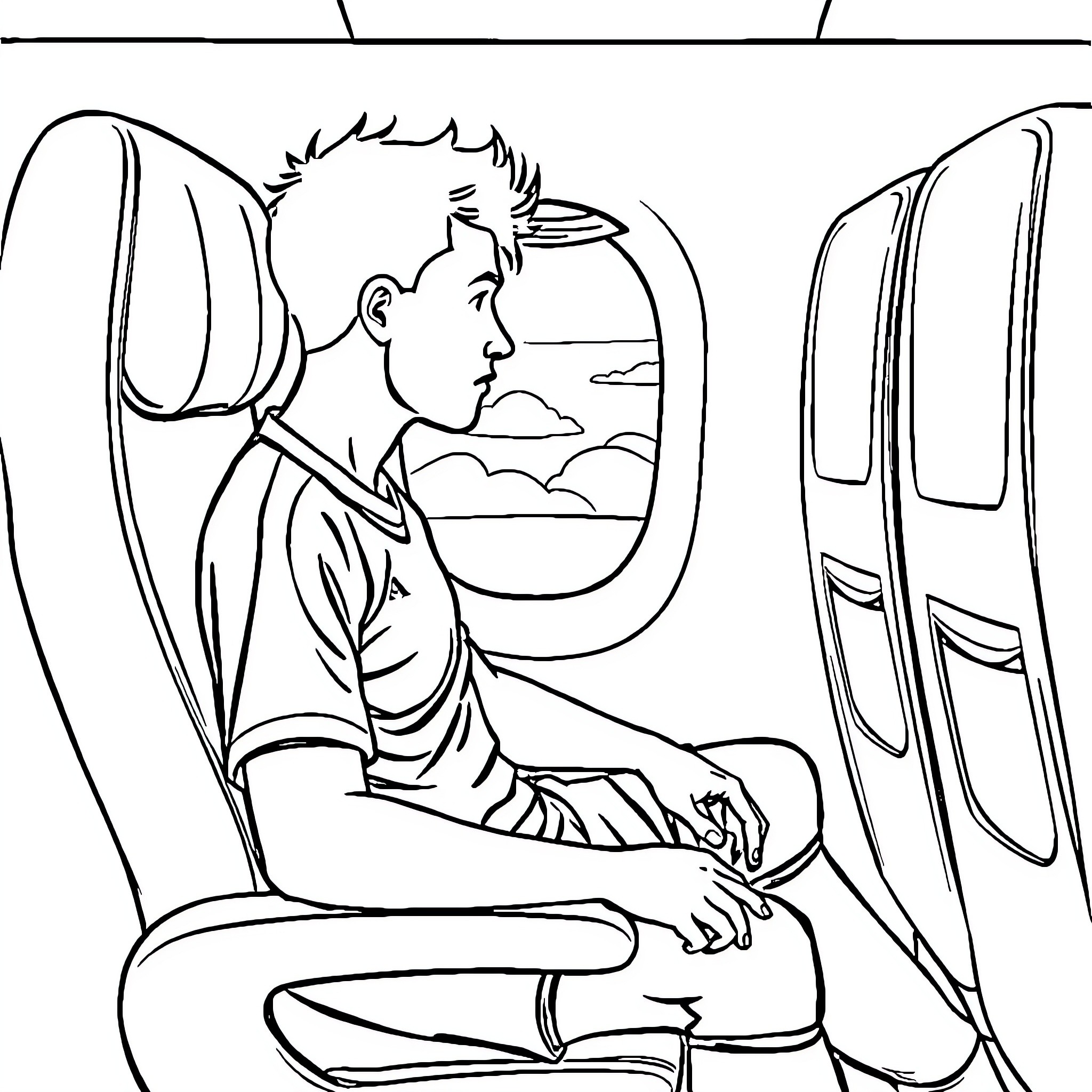 Soccer Player Sitting on Airplane Seat Coloring Page (free black-and-white line drawing printable PDF for all, from beginners to advanced learners, including children, teens, adults, and seniors)