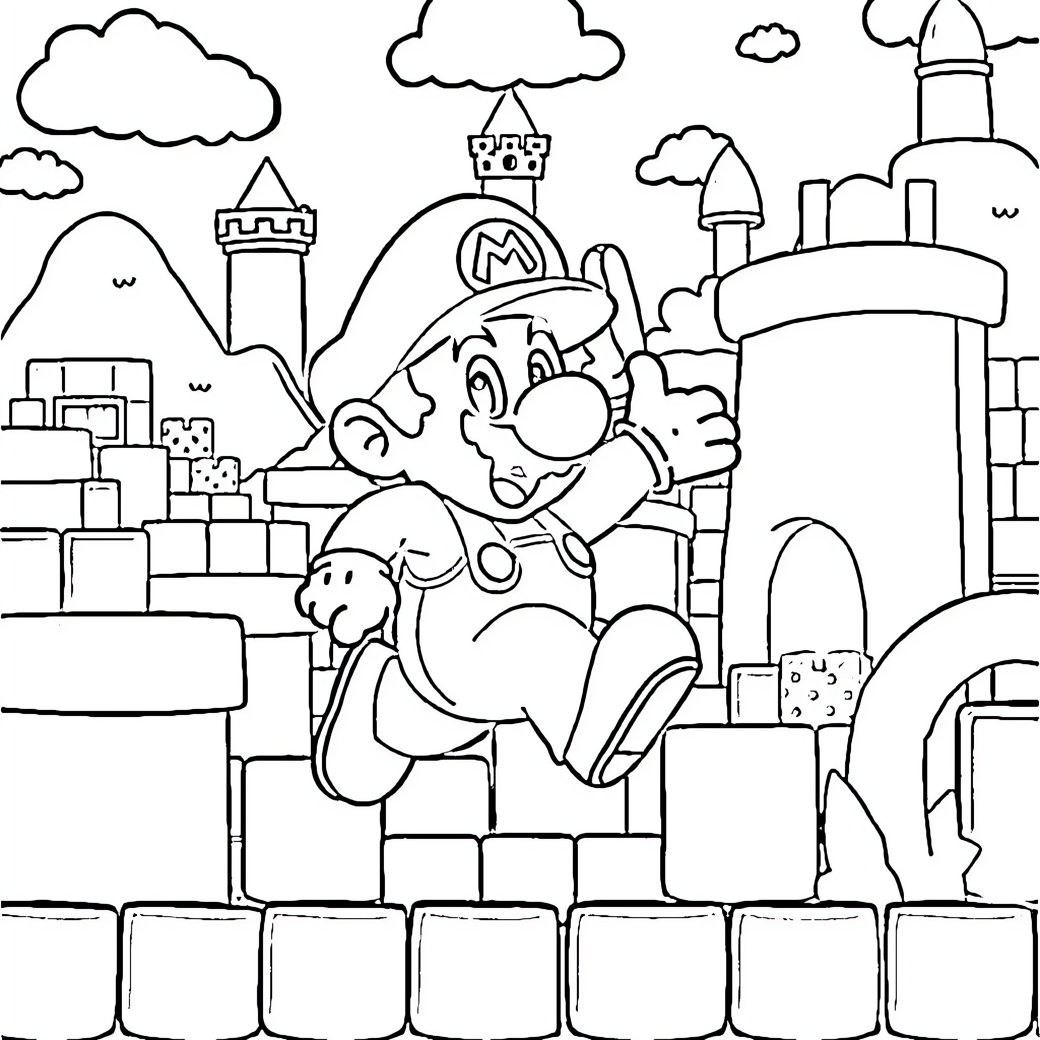 Mario exploring a whimsical fantasy world Coloring Page (free black-and-white line drawing printable PDF for all, from beginners to advanced learners, including children, teens, adults, and seniors)